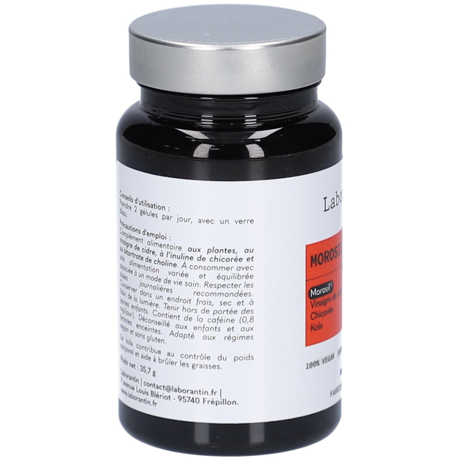 Flacon noir, bouchon argenté. Verso avec texte. Contient des informations sur l'utilisation et les précautions.