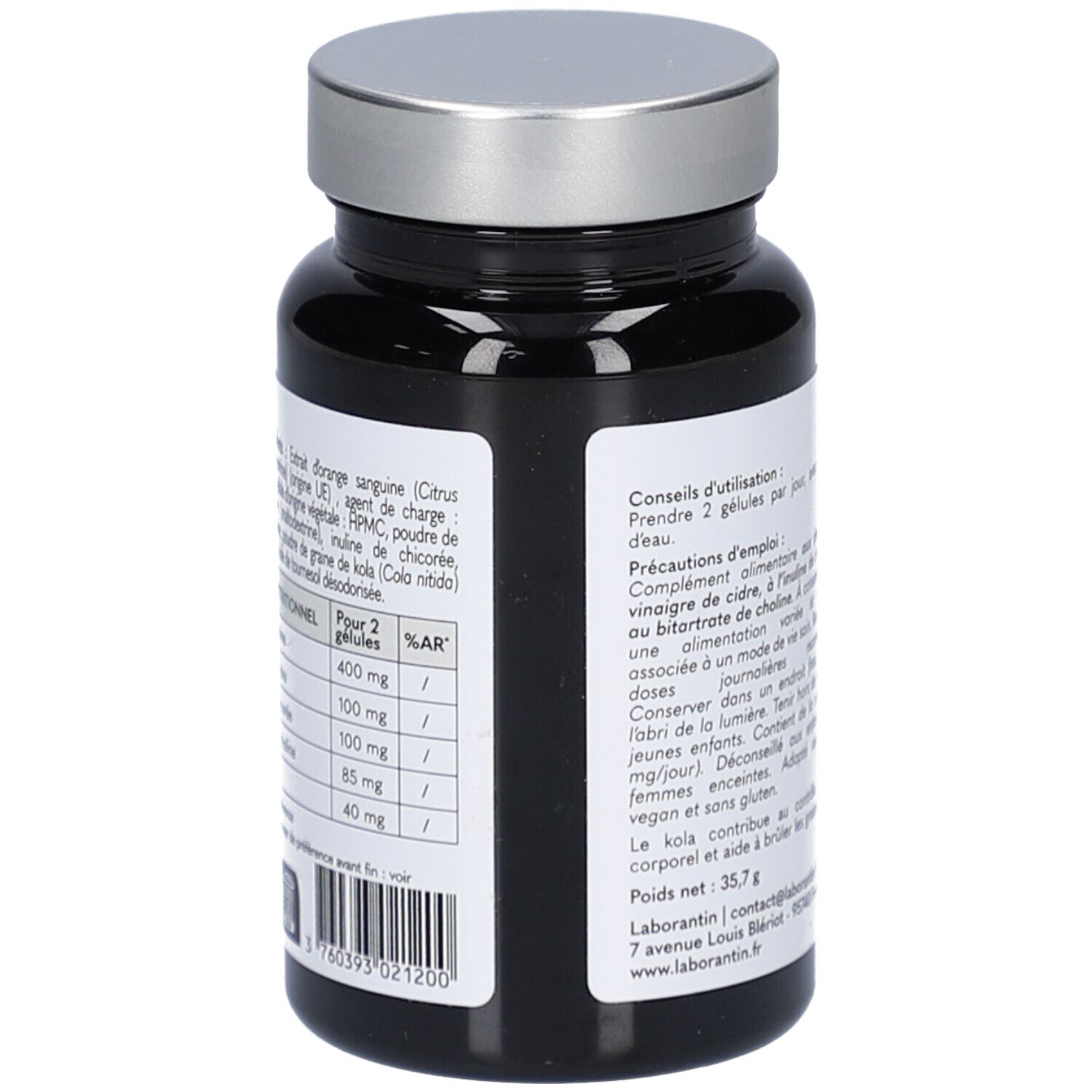 Flacon noir, bouchon argenté. Verso avec texte et informations nutritionnelles. Contient ingrédients et dosage.