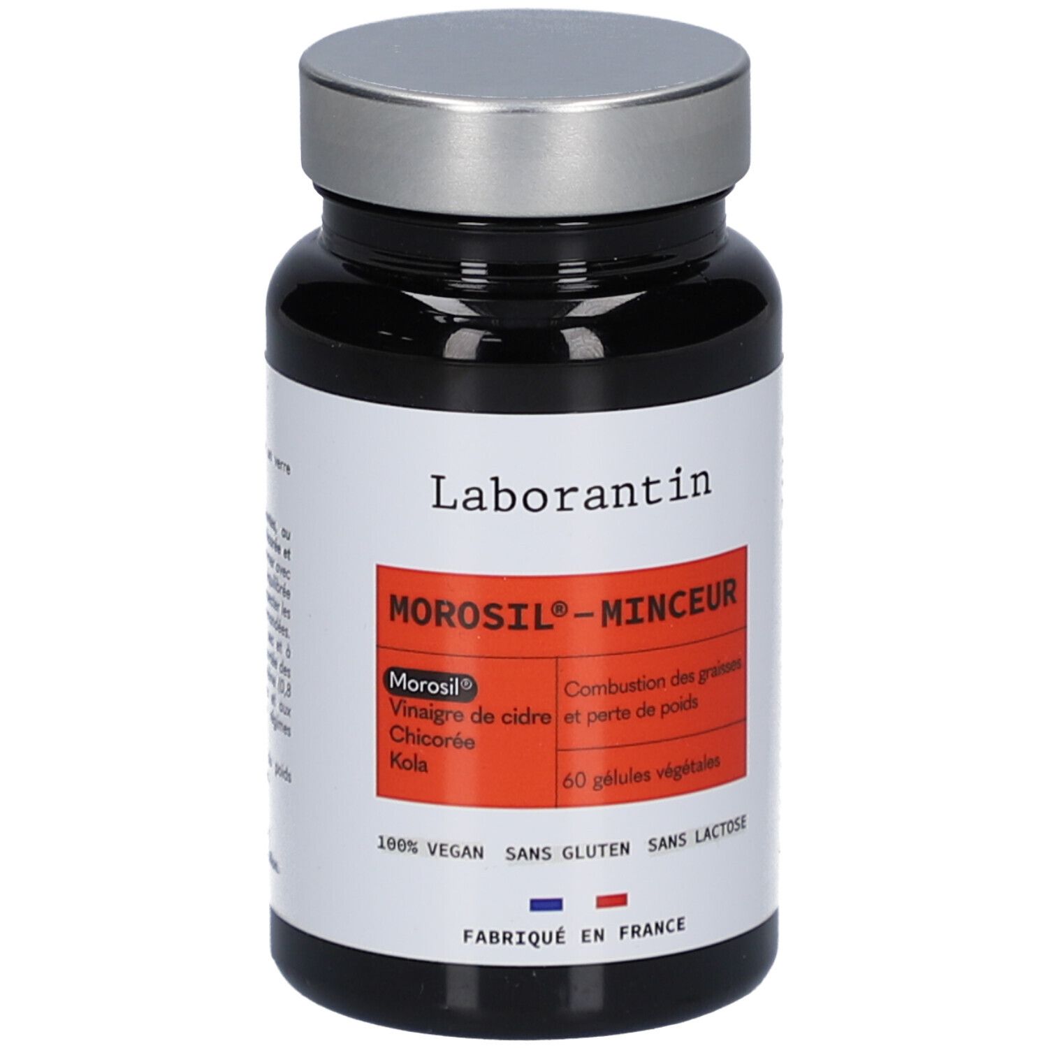 Flacon noir, bouchon argenté. Inscription: Laborantin, Morosil-Minceur. Contient 60 gélules. Vegan, sans gluten, sans lactose.