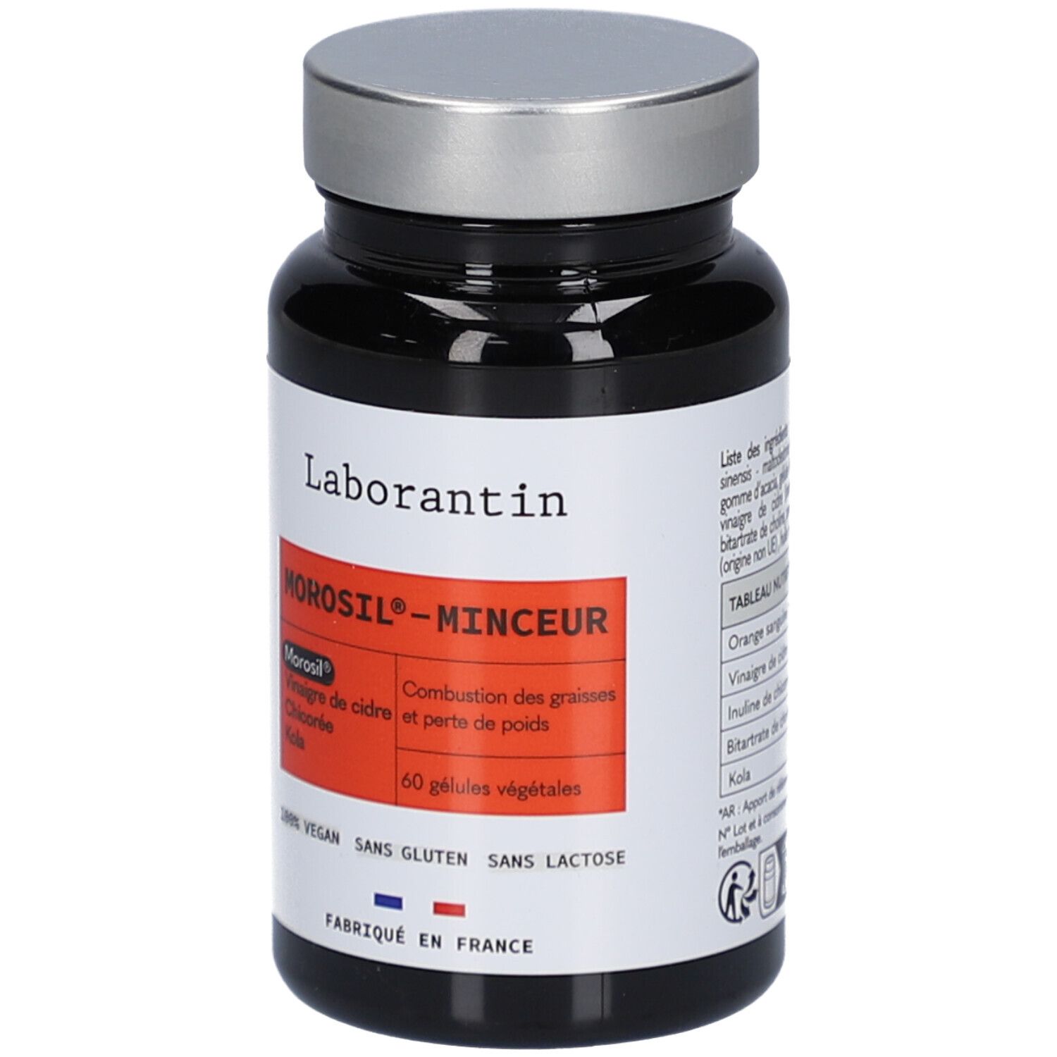 Flacon noir, bouchon argenté. Inscription: Laborantin, Morosil-Minceur. Contient 60 gélules. Vegan, sans gluten, sans lactose.