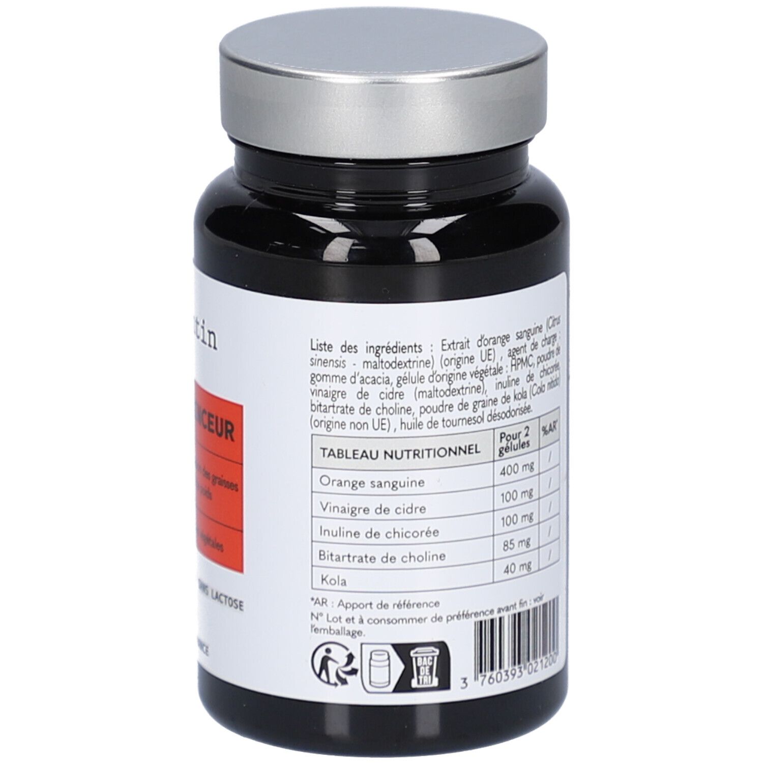 Flacon noir, bouchon argenté. Verso avec texte et informations nutritionnelles. Contient ingrédients et dosage.
