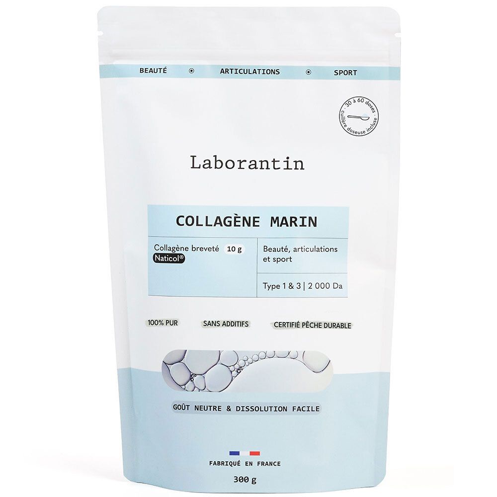 Sachet de Laborantin Collagène Marin. Inscription: Collagène Marin, Naticol, Type 1 & 3, 100% pur, goût neutre, 300 g.