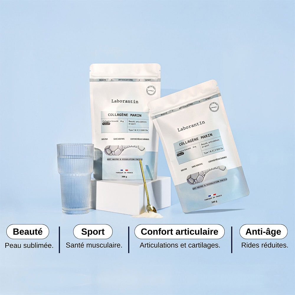 Deux sachets Laborantin Collagène Marin, verre avec liquide, cuillère dorée. Inscription: Collagène Marin, Naticol, Type 1 & 3.