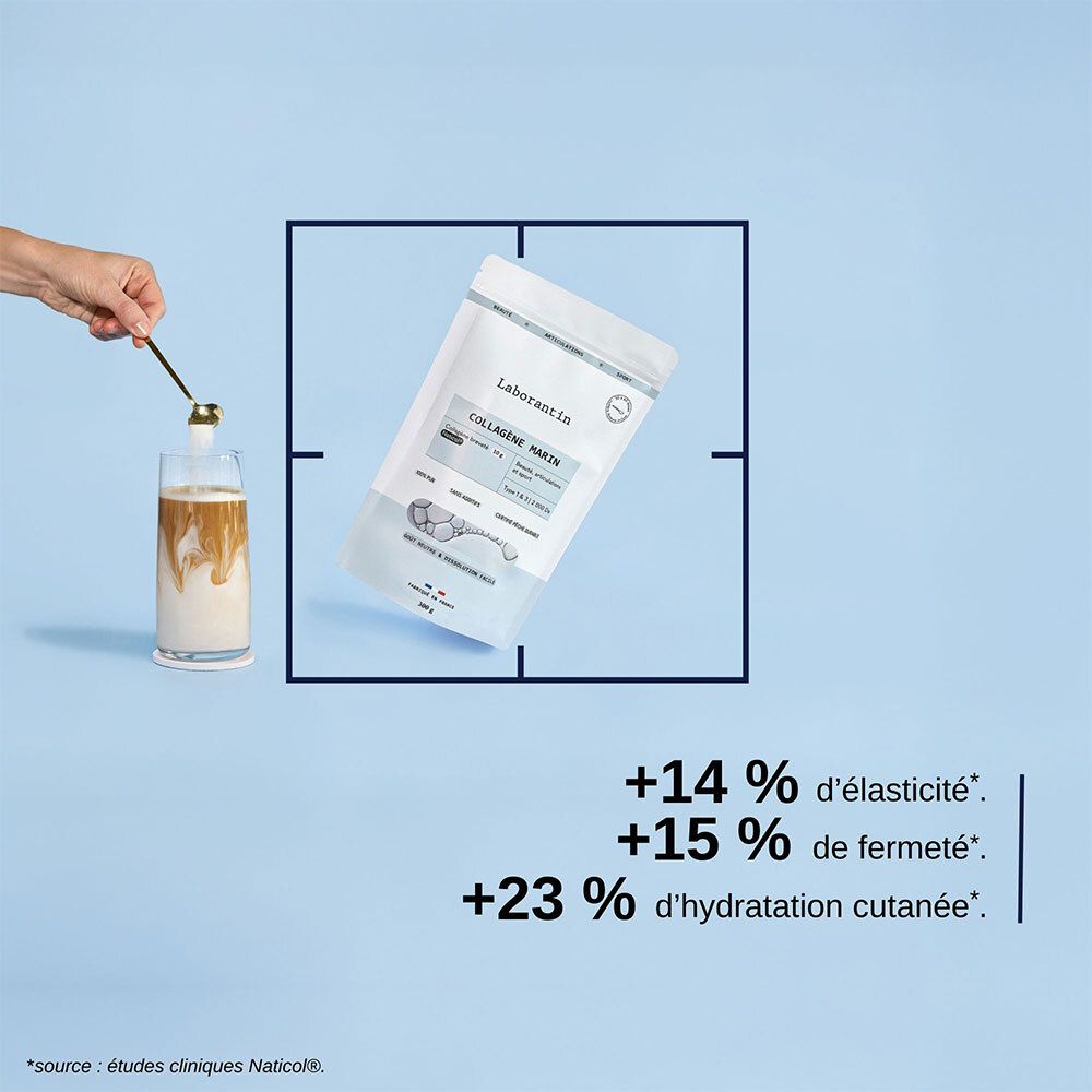 Sachet Laborantin Collagène Marin, verre avec liquide, cuillère dorée. Inscription: Collagène Marin, Naticol, Type 1 & 3. Pourcentages.