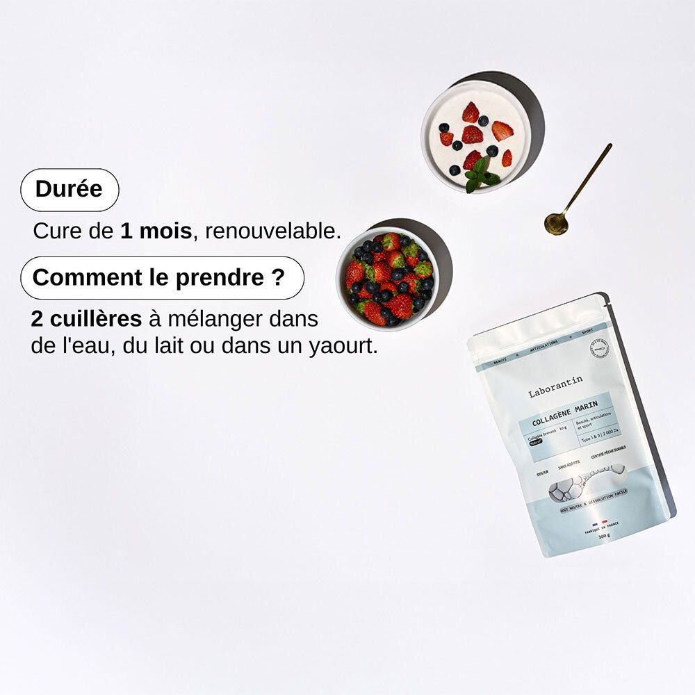 Deux bols de fruits, cuillère dorée, sachet Laborantin Collagène Marin. Inscription: Collagène Marin, Naticol, Type 1 & 3. Utilisation.