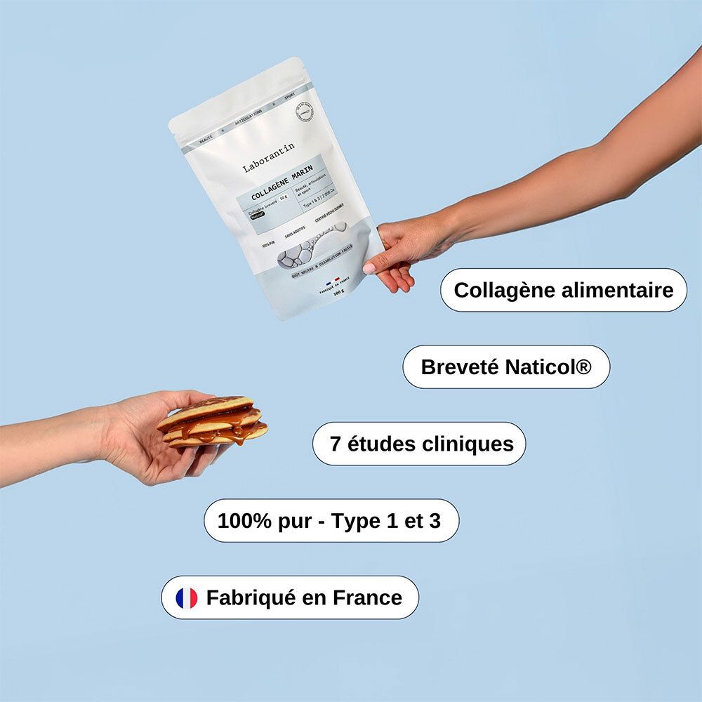 Mains tenant sachet Laborantin Collagène Marin et pâtisserie. Inscription: Collagène Marin, Naticol, Type 1 & 3, 100% pur, Fabriqué en France.