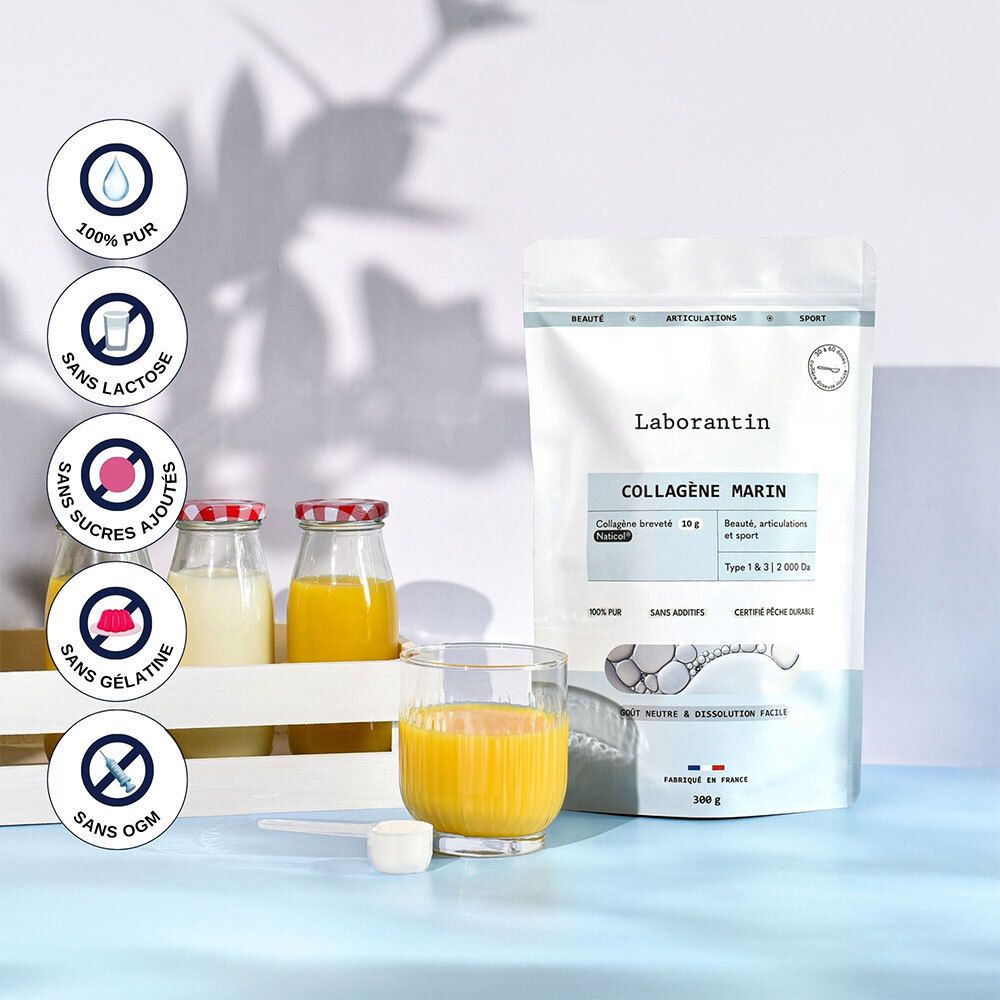 Sachet Laborantin Collagène Marin, verres avec liquides, cuillère. Inscription: Collagène Marin, Naticol, Type 1 & 3, 100% pur, sans lactose.