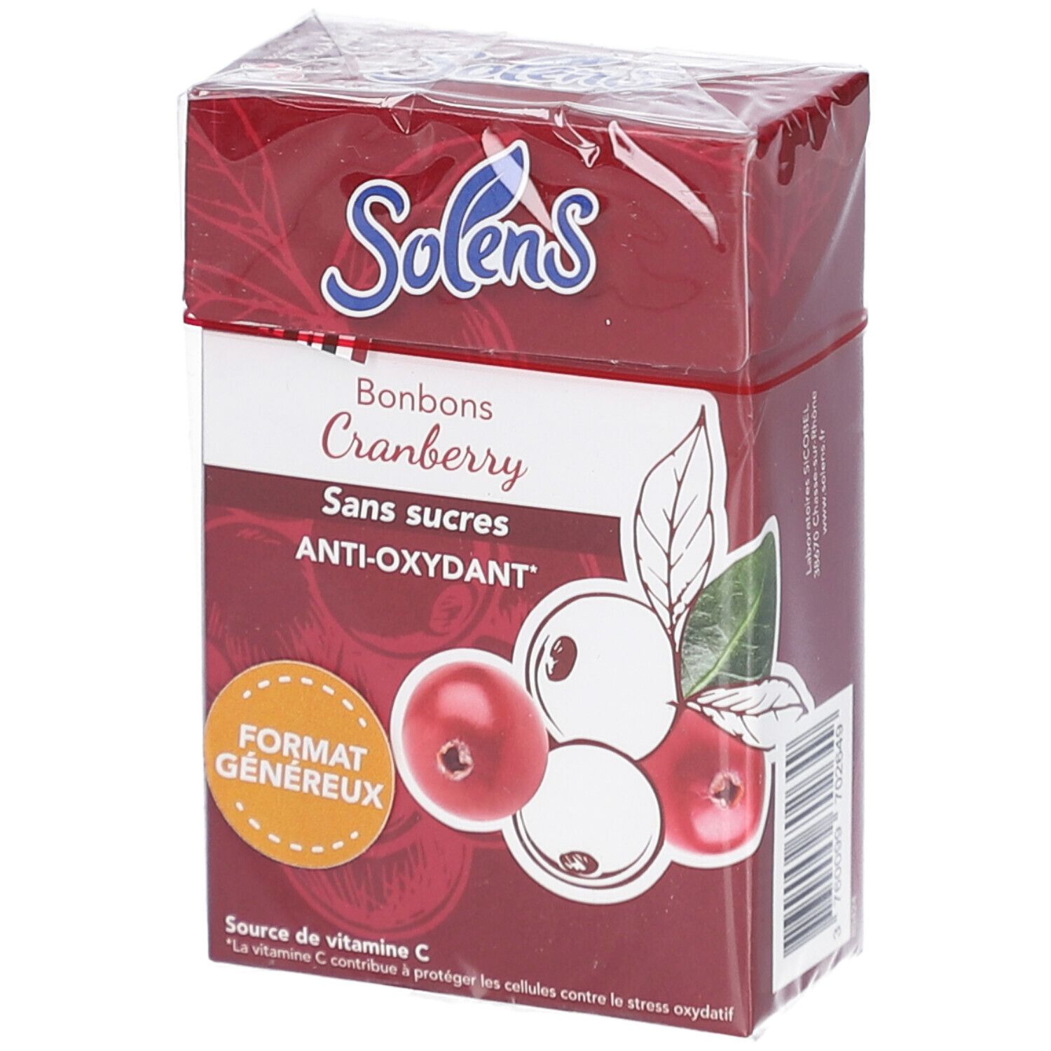 Boîte de SOLENS S/SUCRE CRANBERRY 66G. Emballage rouge avec illustration de cranberry et nom du produit. Film transparent.