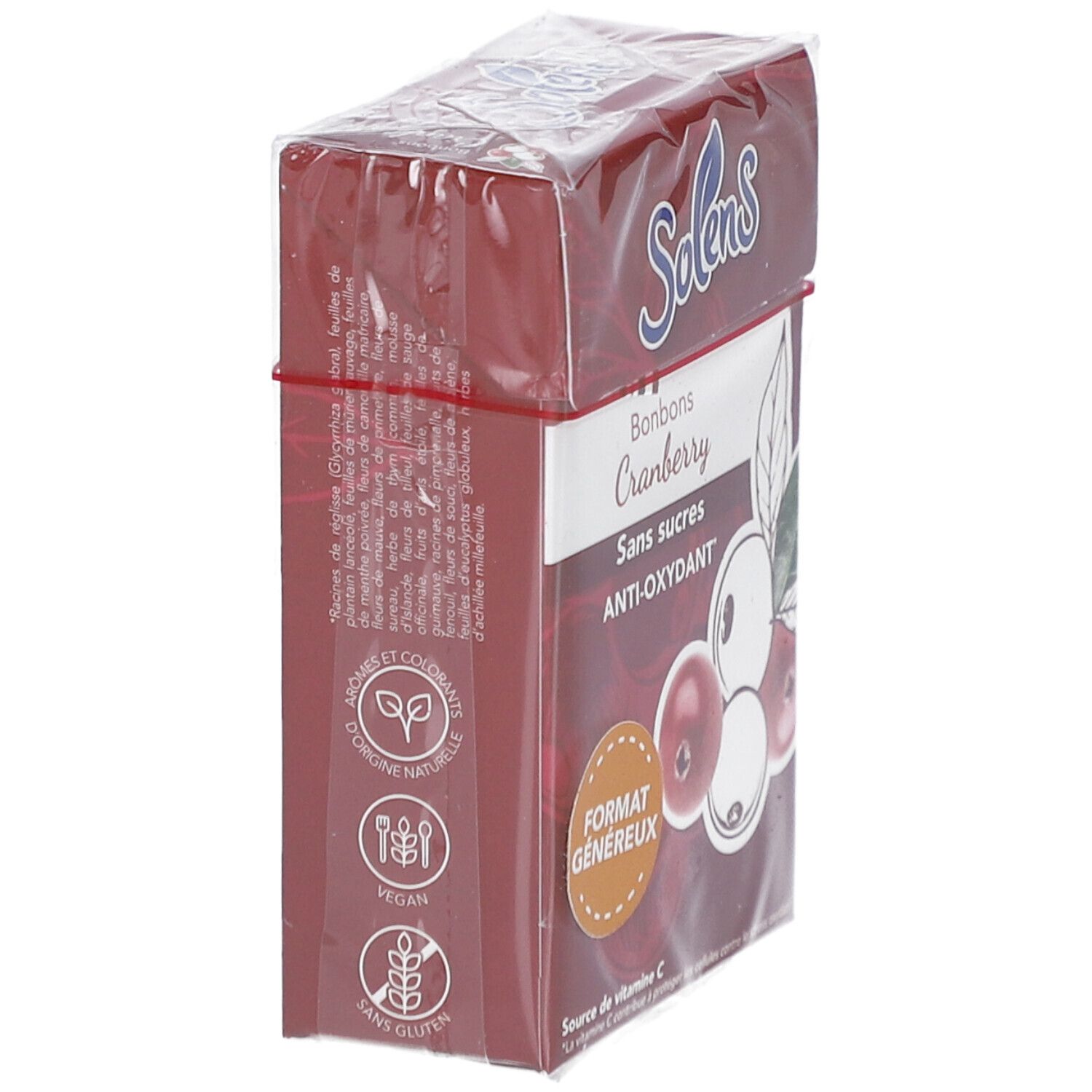 Vue latérale de l'emballage SOLENS S/SUCRE CRANBERRY 66G. Boîte rouge avec informations produit. Film transparent.