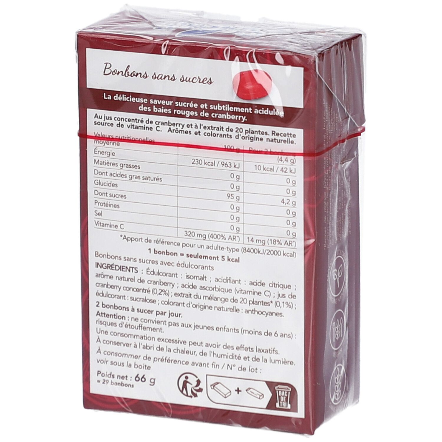 Dos de l'emballage SOLENS S/SUCRE CRANBERRY 66G. Contient informations nutritionnelles et liste des ingrédients. Boîte rouge.