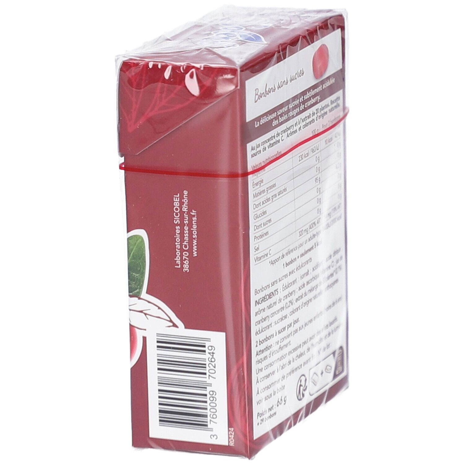 Vue latérale de l'emballage SOLENS S/SUCRE CRANBERRY 66G. Boîte rouge avec informations produit. Film transparent.