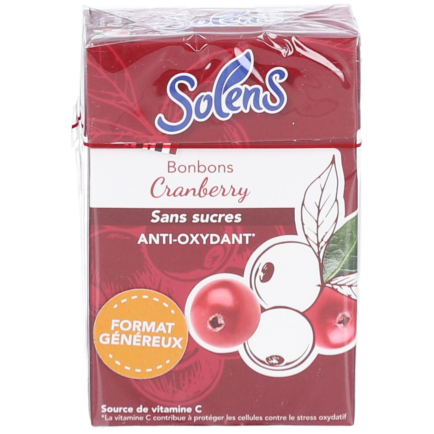 Vue de face de l'emballage SOLENS S/SUCRE CRANBERRY 66G. Boîte rouge avec illustration de cranberry et nom du produit. Film transparent.
