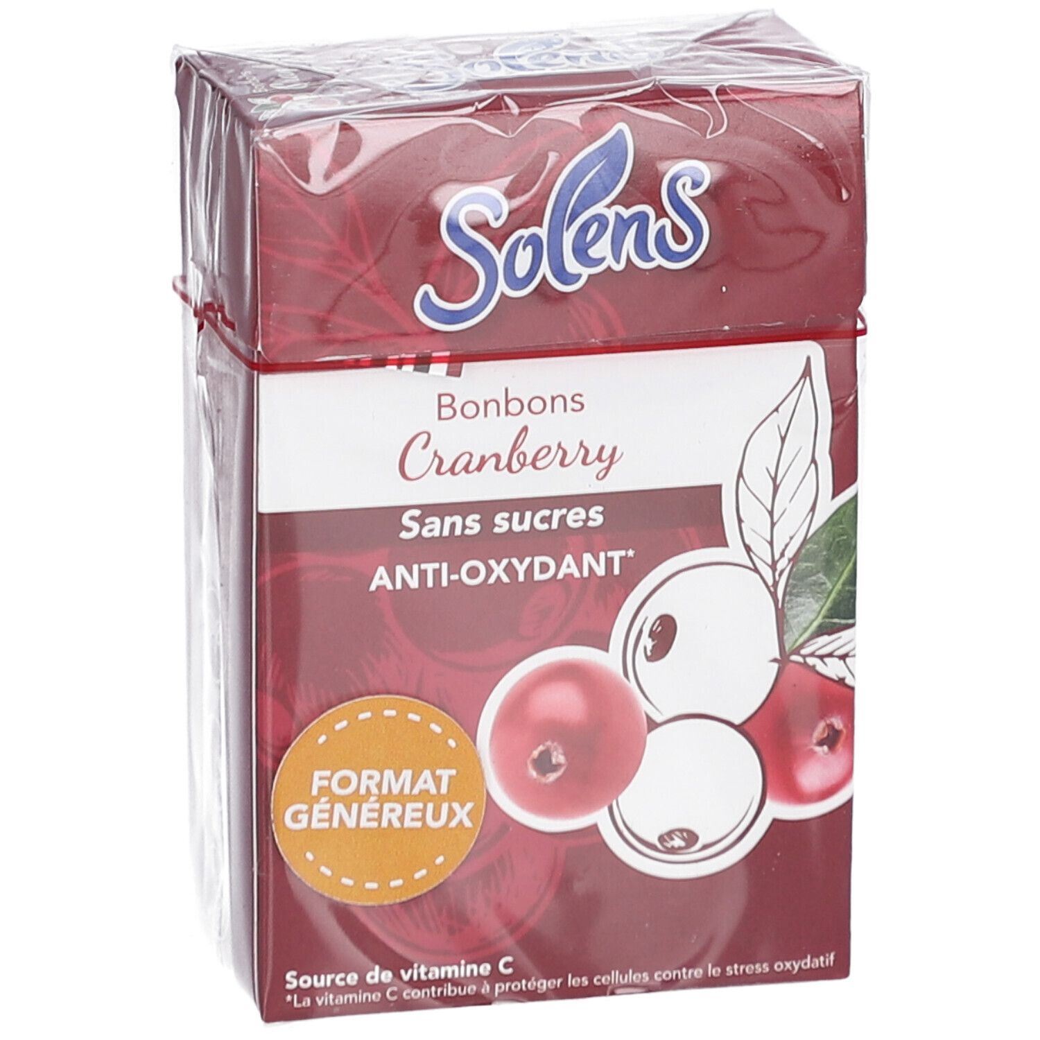 Vue de face de l'emballage SOLENS S/SUCRE CRANBERRY 66G. Boîte rouge avec illustration de cranberry et nom du produit. Film transparent.