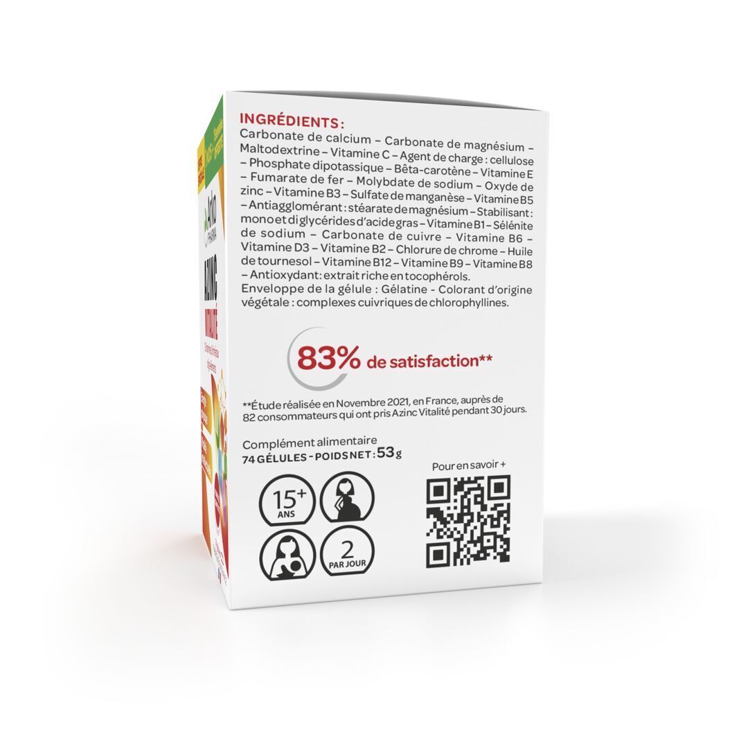 Dos de la boîte avec liste des ingrédients et informations. Contient un code QR.