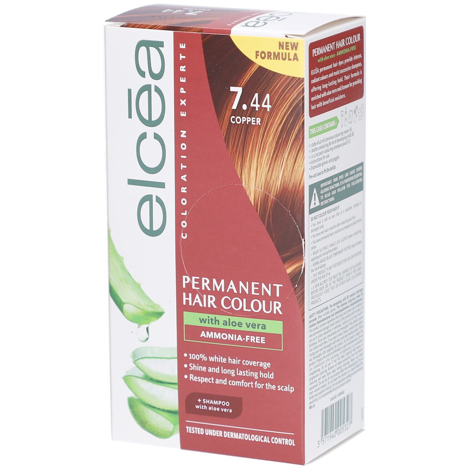Boîte de coloration permanente Elcea 7.44 Copper. Coloration à l'aloe vera, sans ammoniaque. Testé dermatologiquement.