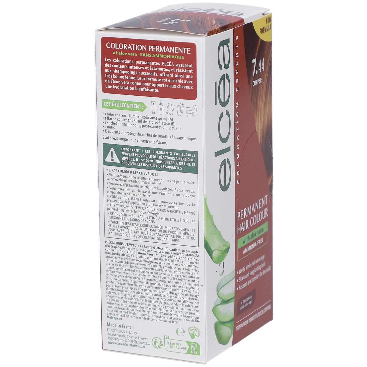 Dos de la boîte de coloration Elcea. Contient crème révélatrice, shampooing, instructions. Avertissements. Coloration permanente.