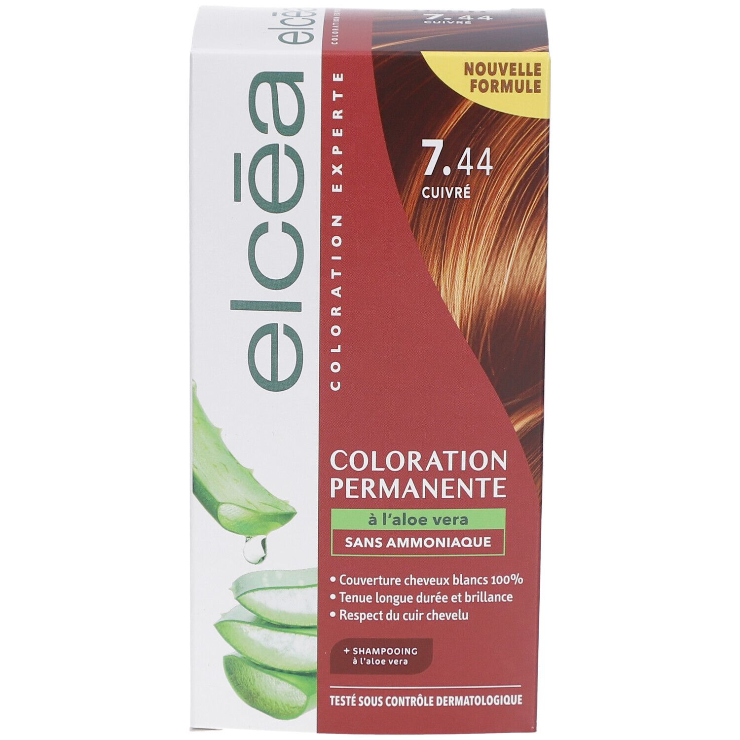 Boîte de coloration permanente Elcea 7.44 Cuivré. Coloration à l'aloe vera, sans ammoniaque. Couvre 100% des cheveux blancs.
