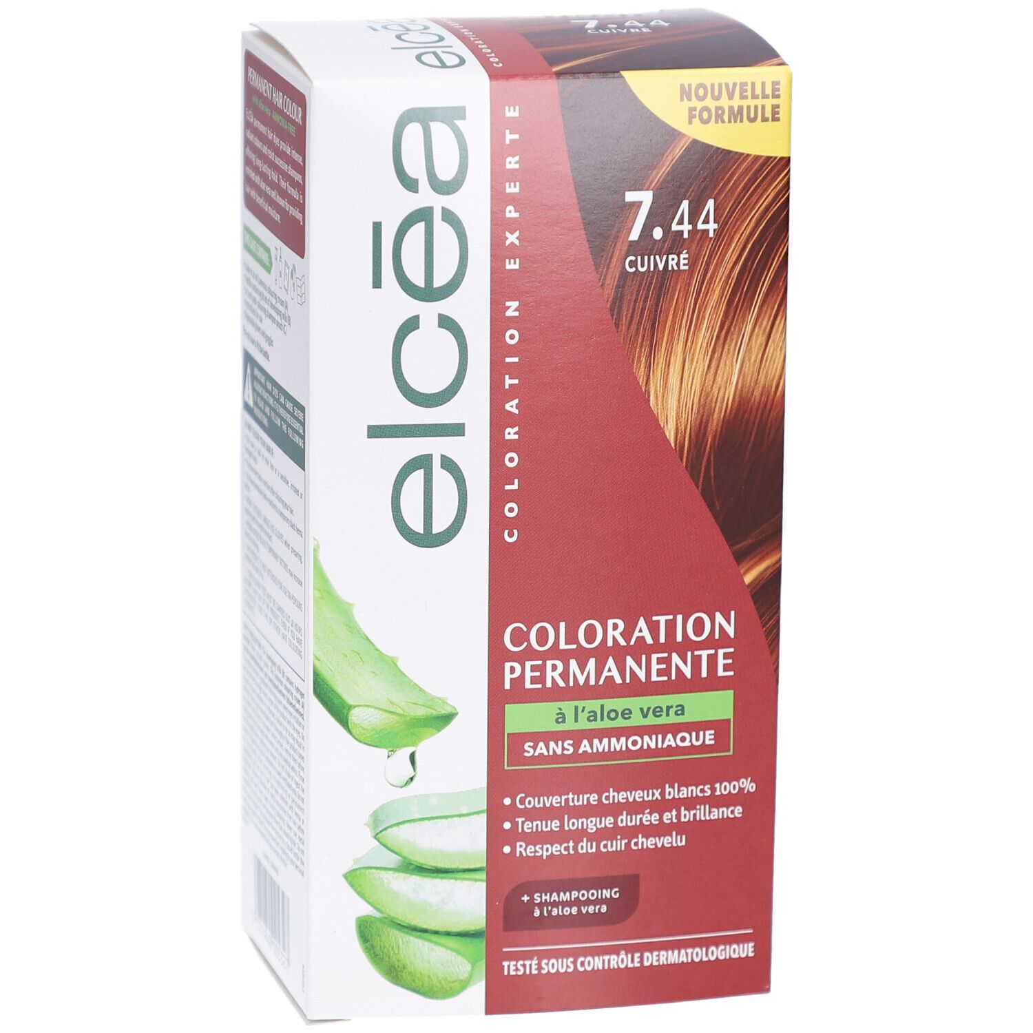 Boîte de coloration permanente Elcea 7.44 Cuivré. Coloration à l'aloe vera, sans ammoniaque. Couvre 100% des cheveux blancs.
