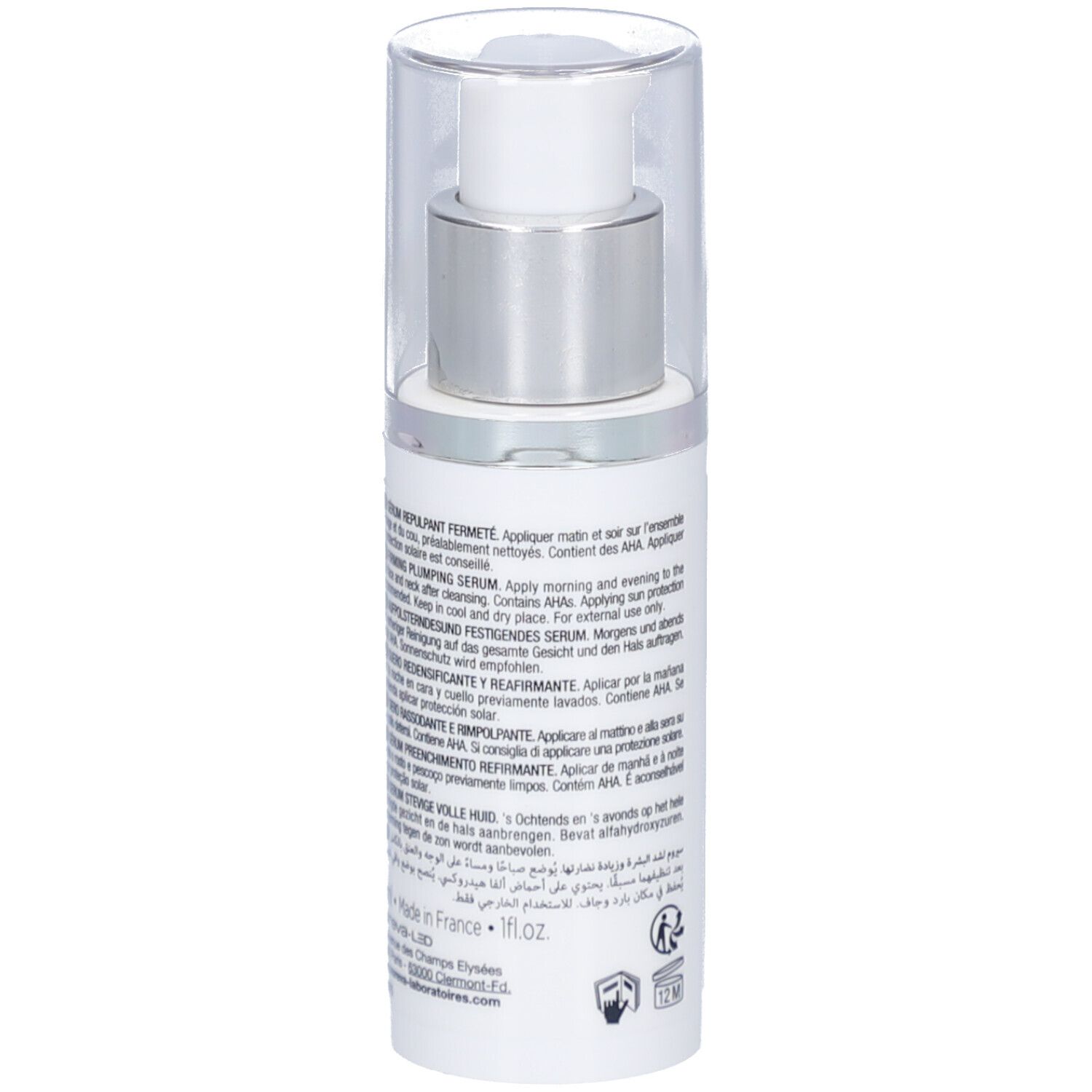 Flacon blanc avec pompe argentée et bouchon transparent. Texte visible.