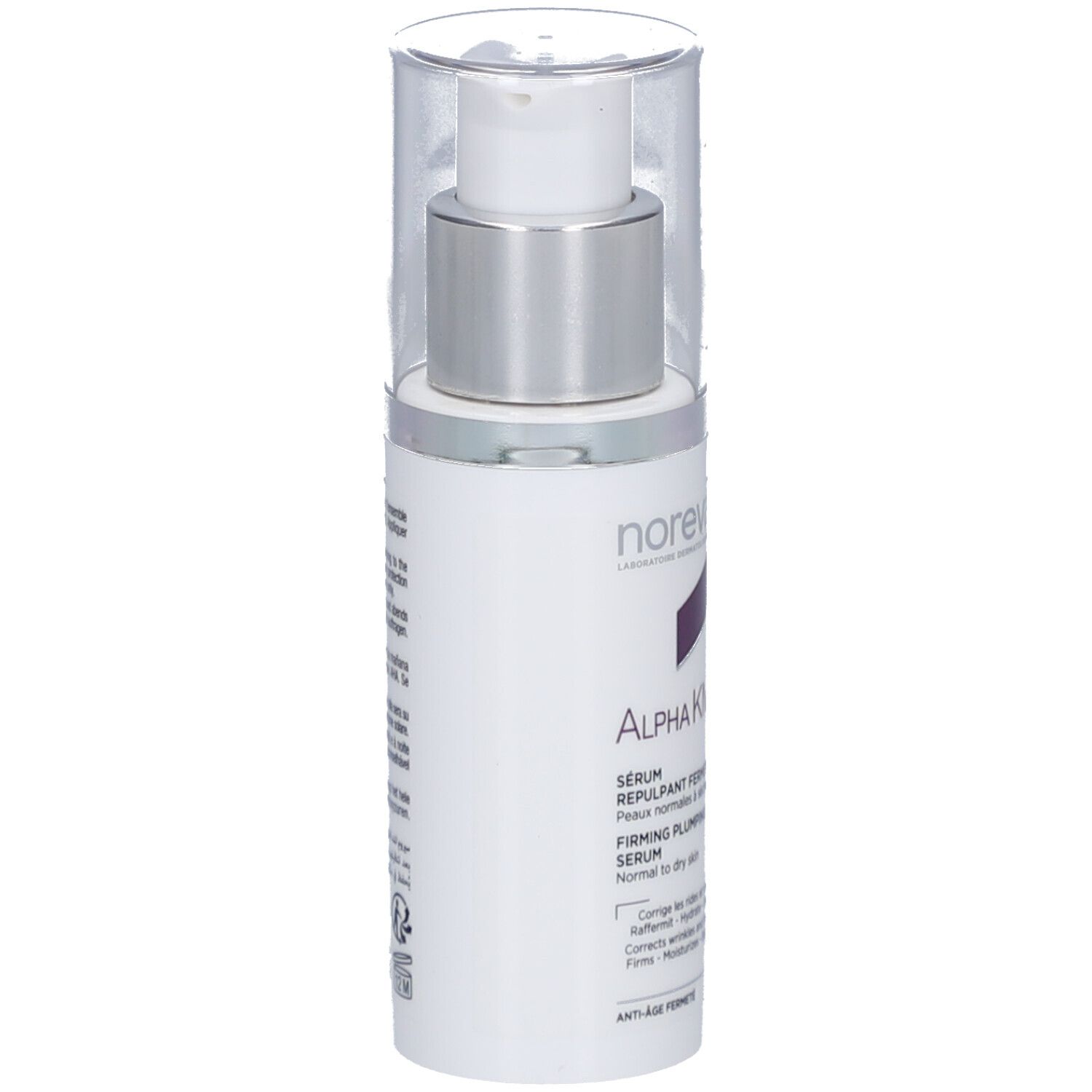 Flacon blanc avec pompe argentée et bouchon transparent. Texte: Alpha KM+ Sérum.