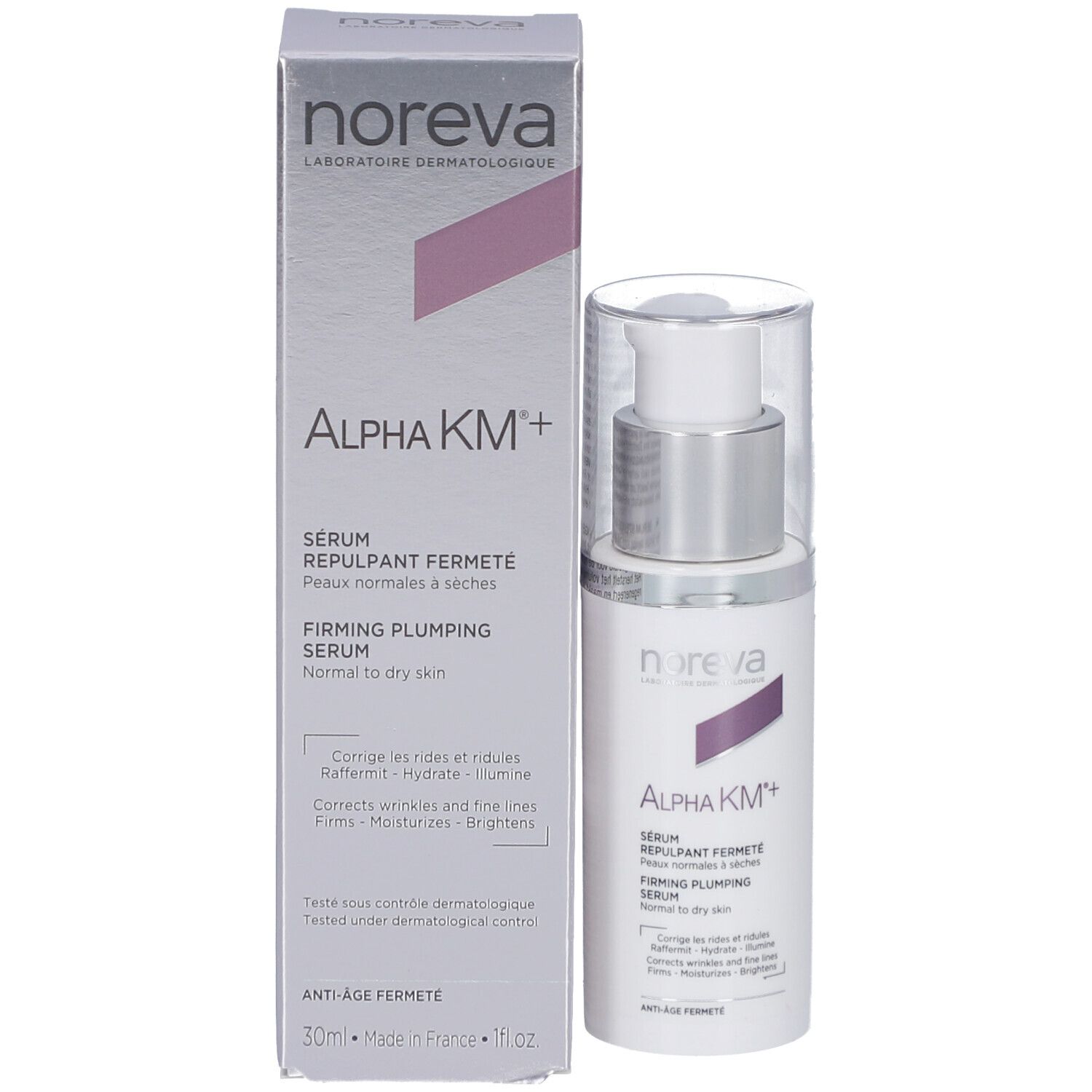 Flacon et emballage. Flacon blanc, pompe argentée, bouchon transparent. Emballage.