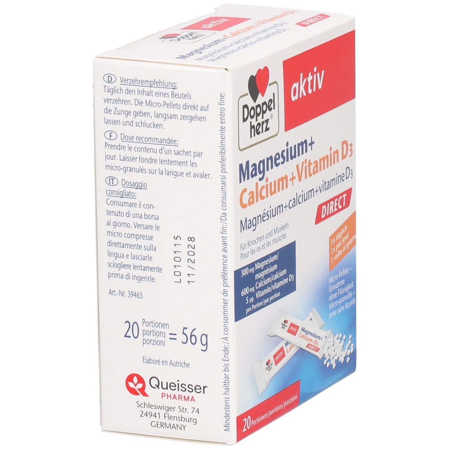 Boîte blanche avec texte. 20 portions. Fabricant: Queisser Pharma. À consommer de préférence avant 11/2028.