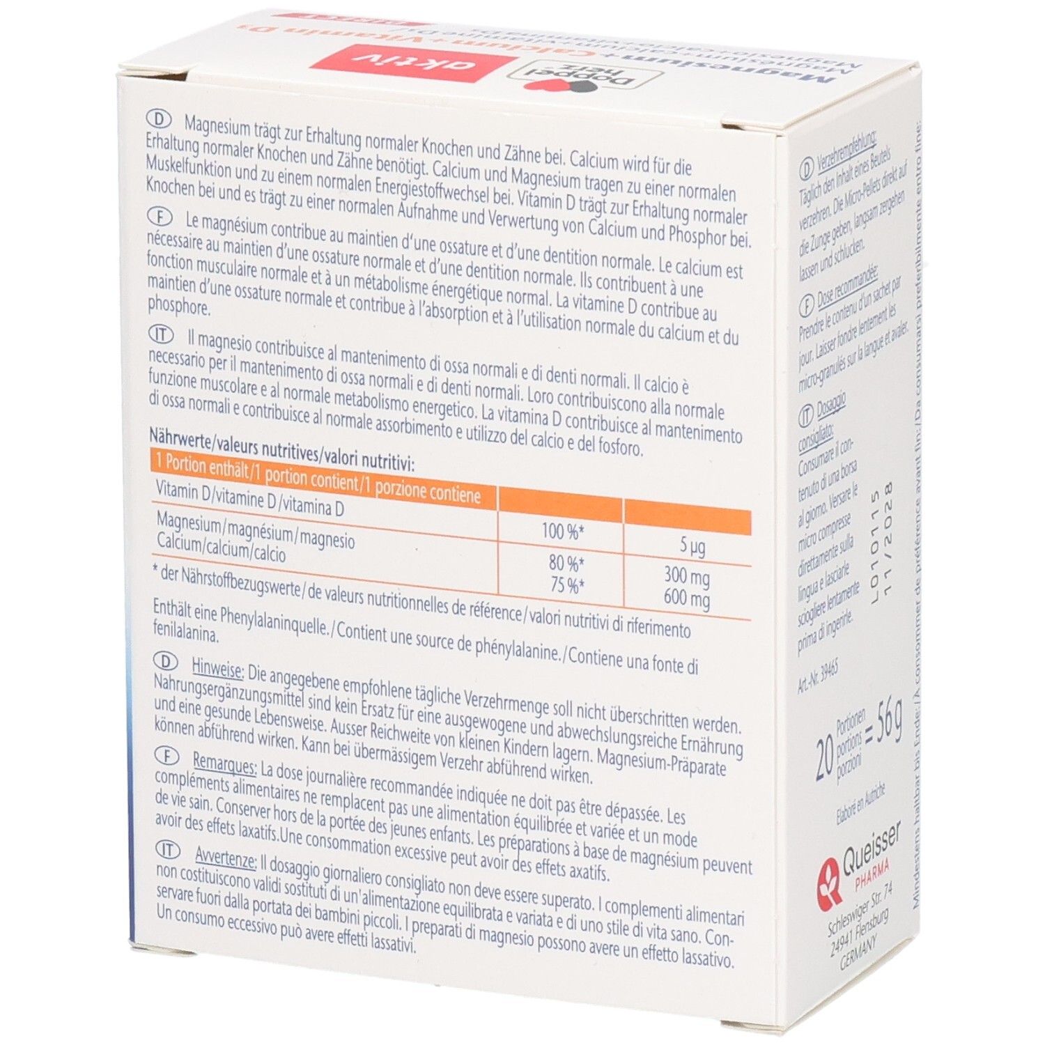 Dos de la boîte avec texte. Informations sur les ingrédients et la valeur nutritionnelle. Logo Queisser Pharma.