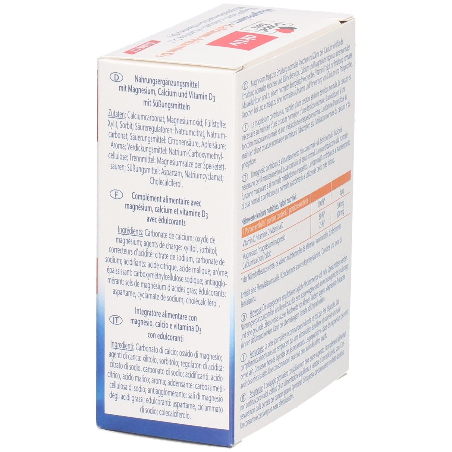 Vue latérale de la boîte avec texte. Contient des informations sur les ingrédients. Logo Queisser Pharma.