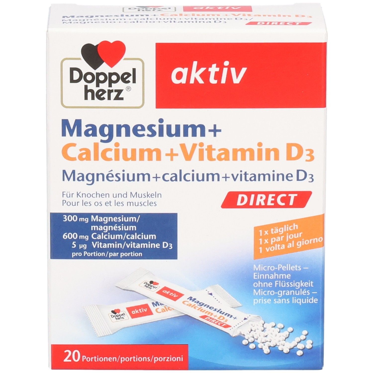 Boîte "Doppelherz aktiv Magnesium+Calcium+Vitamin D3 direct". 20 portions. Micro-granulés à prise directe.