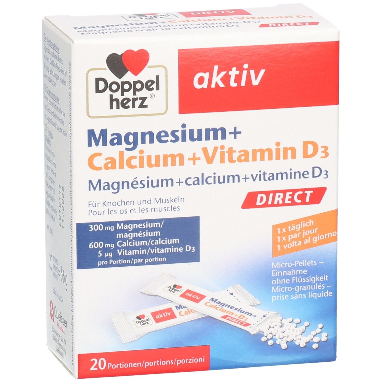 Boîte "Doppelherz aktiv Magnesium+Calcium+Vitamin D3 direct". 20 portions. Micro-granulés à prise directe.
