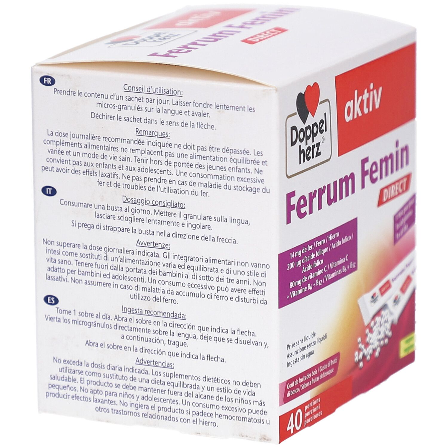 Dos de la boîte de DH Ferrum Femin direct. Informations sur les ingrédients et l'utilisation en plusieurs langues.