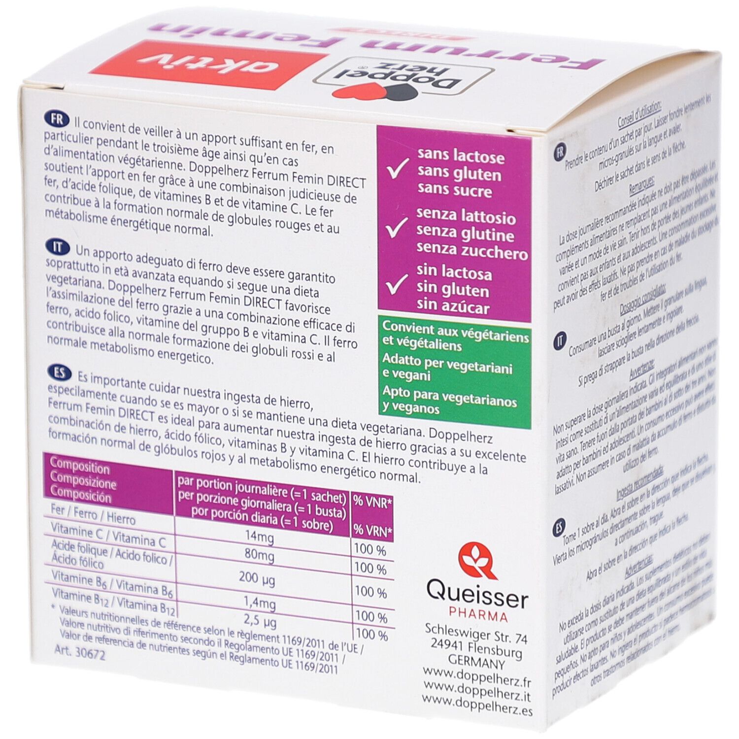 Dos de la boîte DH Ferrum Femin direct. Informations sur les ingrédients, sans gluten, végétalien.