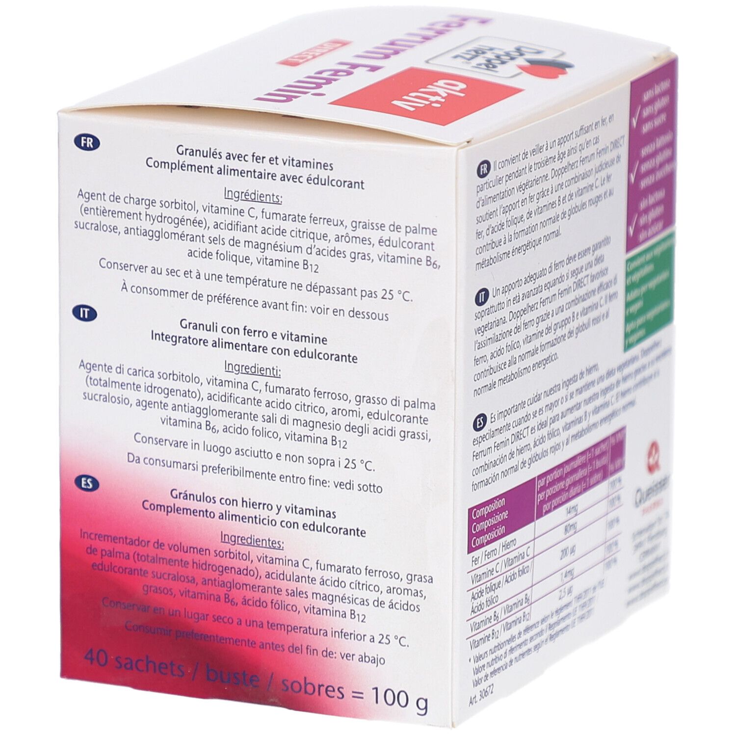 Dos de la boîte DH Ferrum Femin direct. Informations sur les ingrédients et les valeurs nutritionnelles.