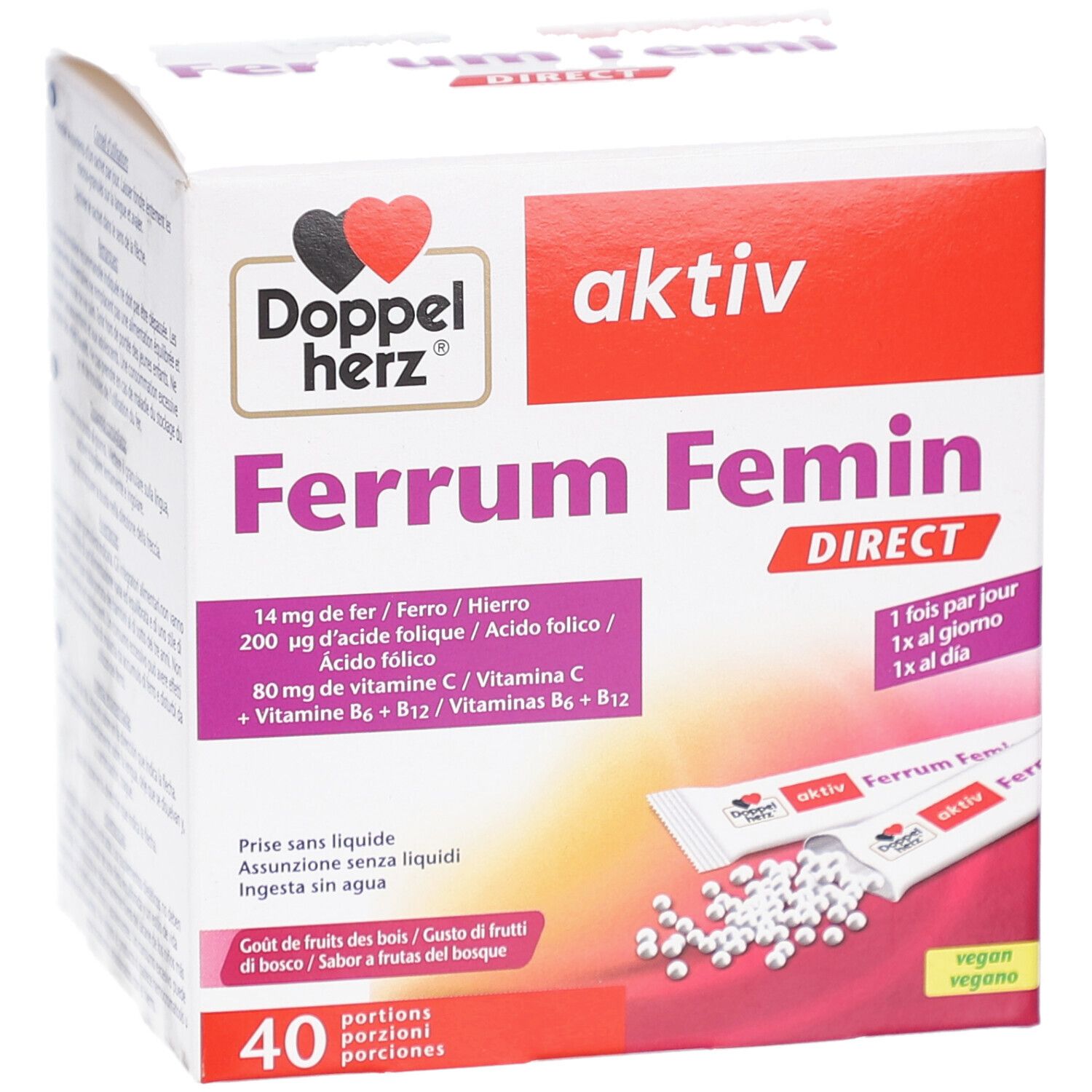 Boîte de DH Ferrum Femin direct. Contient 40 portions. Fer, acide folique, vitamine C, B6 et B12. Vegan.