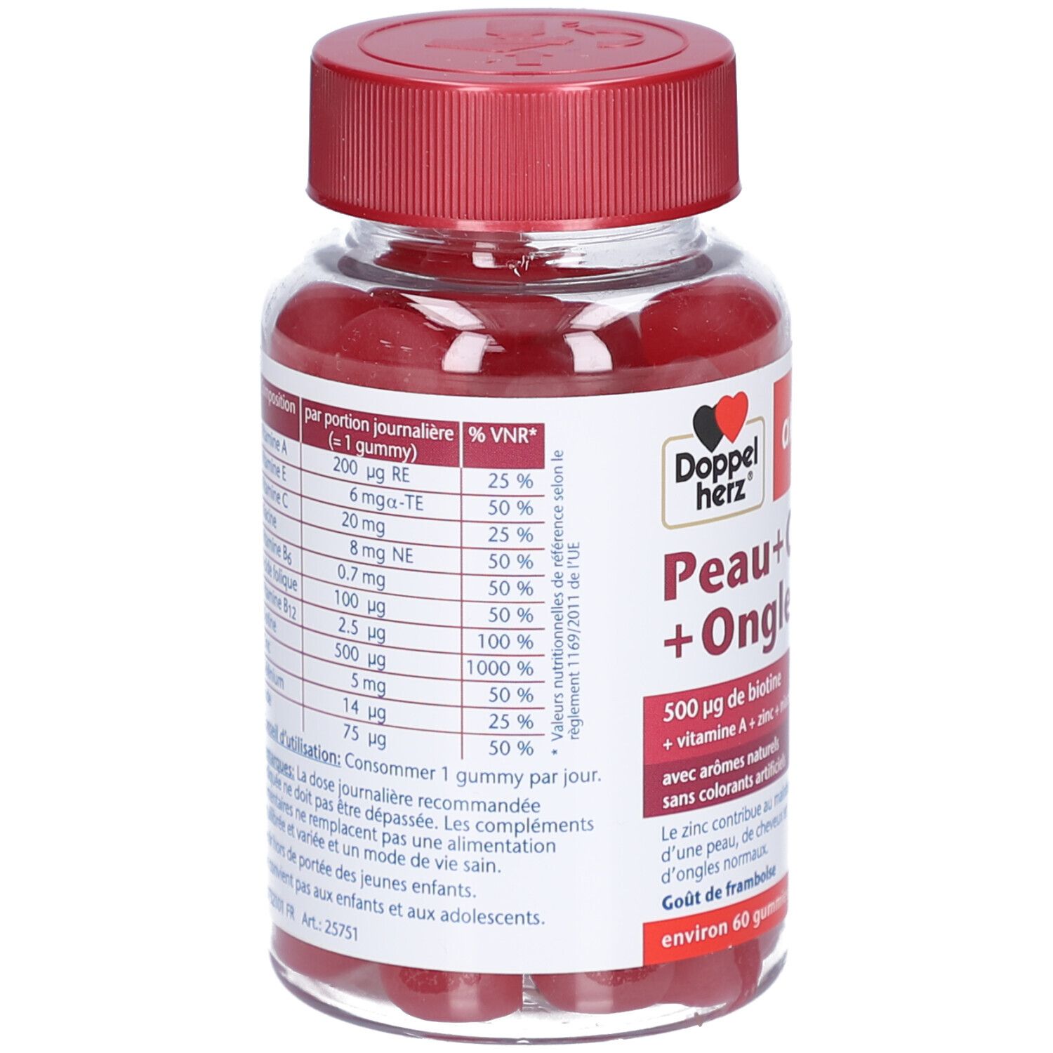 Dos du flacon avec informations nutritionnelles. Contient vitamines et minéraux. Vegan. 60 gommes.