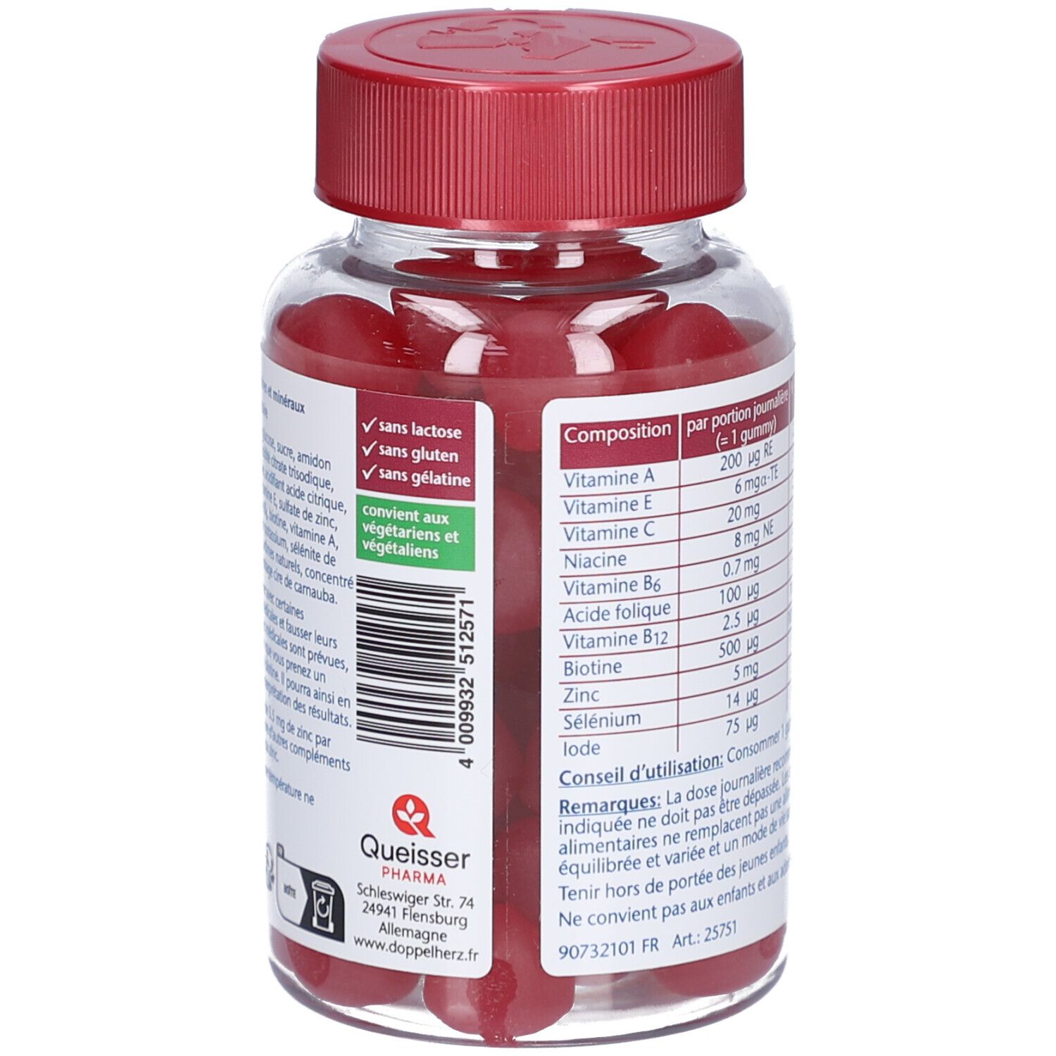 Dos du flacon avec ingrédients. Sans lactose, gluten, gélatine. Vegan. Queisser Pharma.