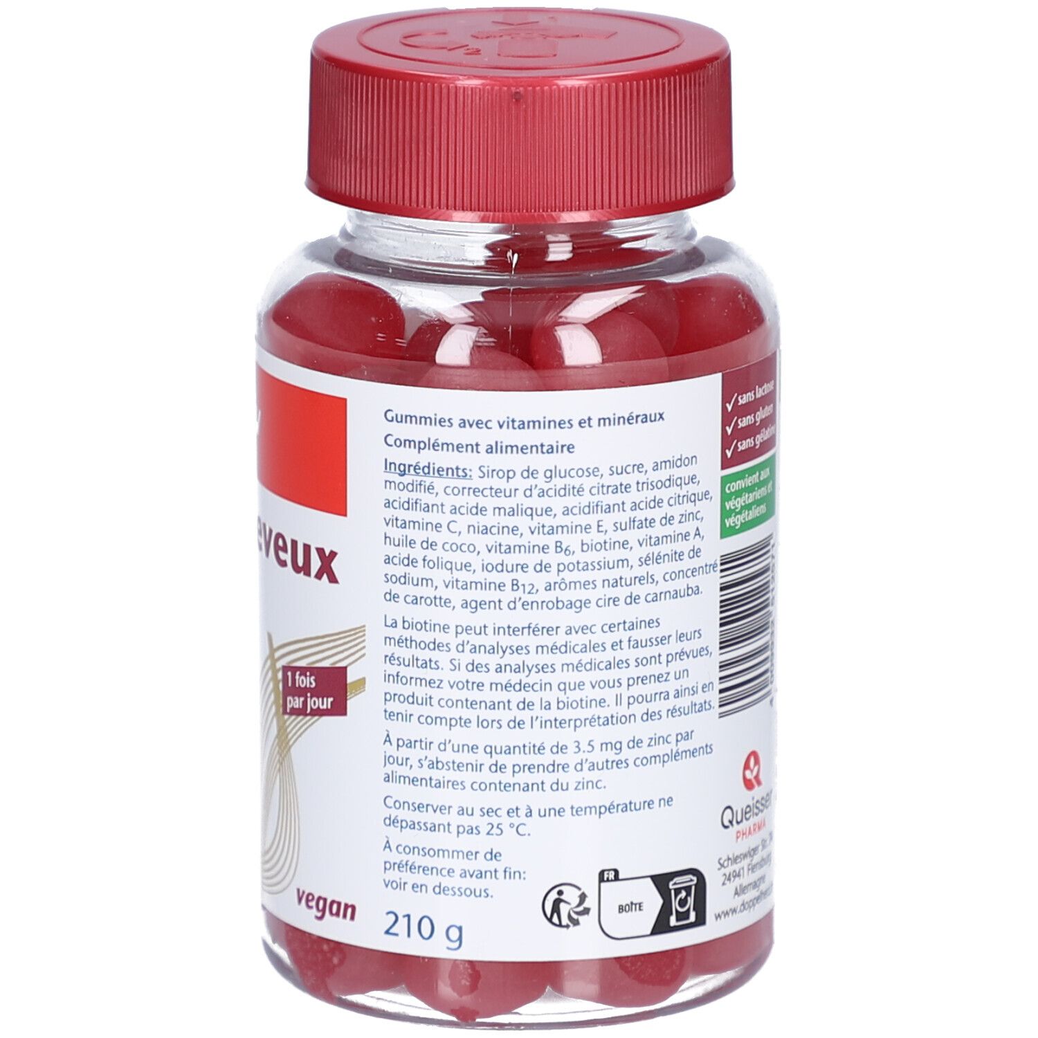 Dos du flacon avec ingrédients. Contient vitamines et minéraux. Vegan. 210 g. Queisser Pharma.