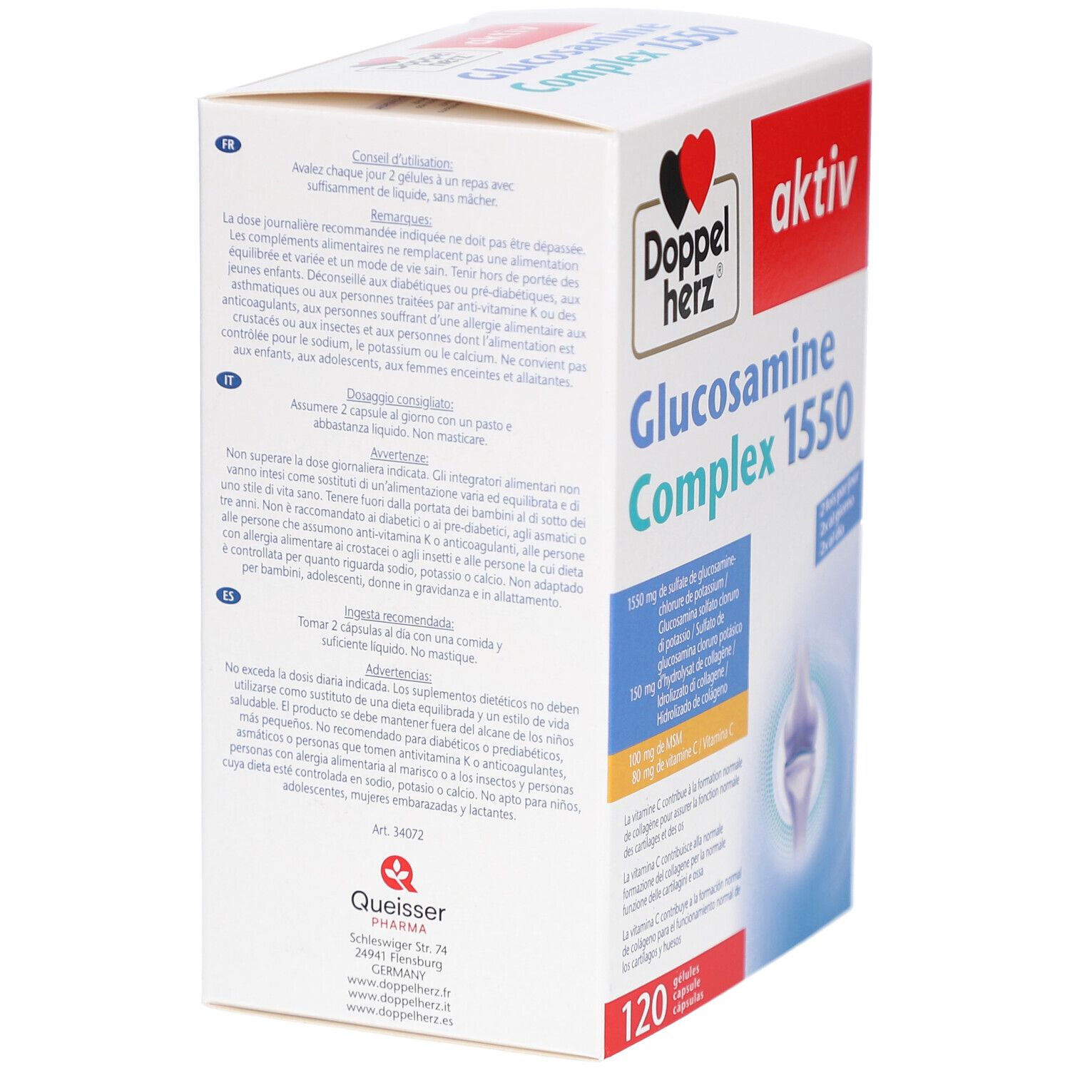 Dos de l'emballage du produit. Contient du texte en plusieurs langues. Doppelherz Glucosamine Complex 1550. 120 gélules.