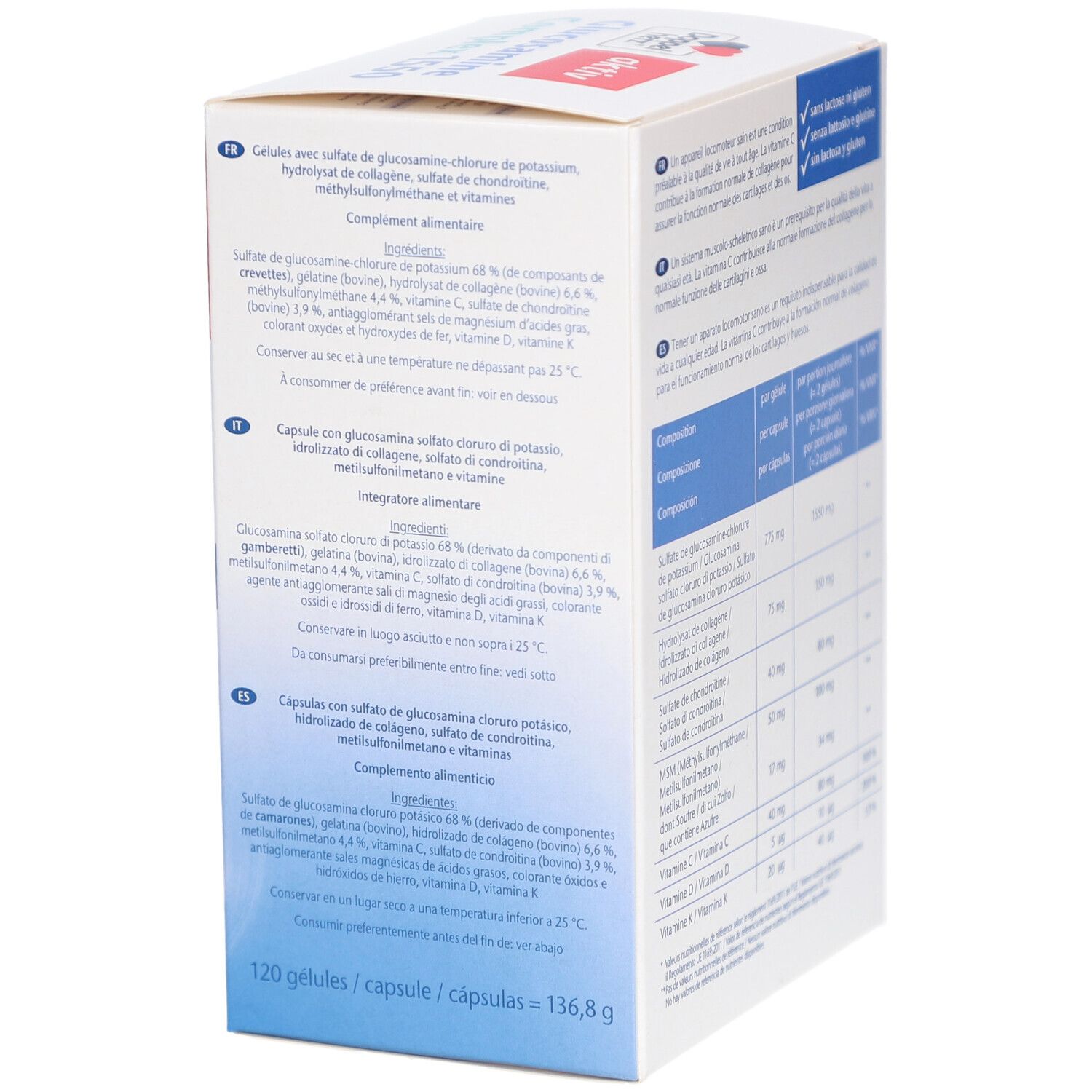 Côté de l'emballage du produit avec les ingrédients. Doppelherz Glucosamine Complex 1550. Contient des informations nutritionnelles.