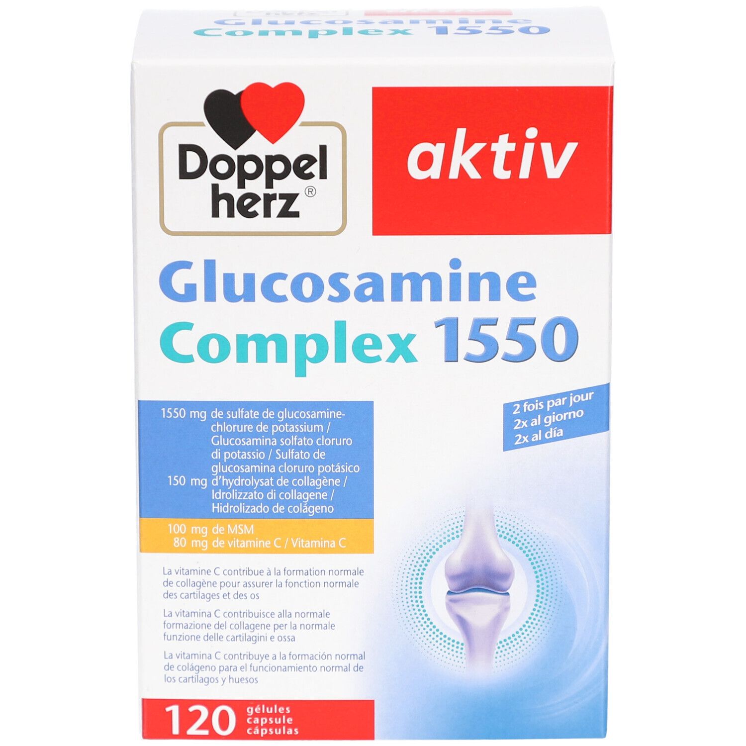 Boîte blanche avec impression du produit. Logo Doppelherz et nom du produit Glucosamine Complex 1550. 120 gélules.
