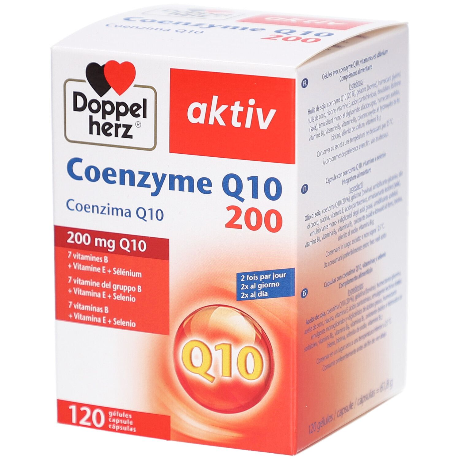 Boîte blanche avec texte rouge et noir. Contient Coenzyme Q10 200. 120 gélules. Logo Doppelherz.