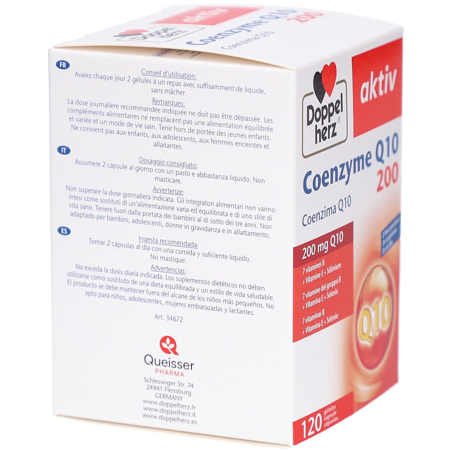 Boîte blanche avec texte rouge et noir. Contient Coenzyme Q10 200. Texte multilingue. Logo Doppelherz.