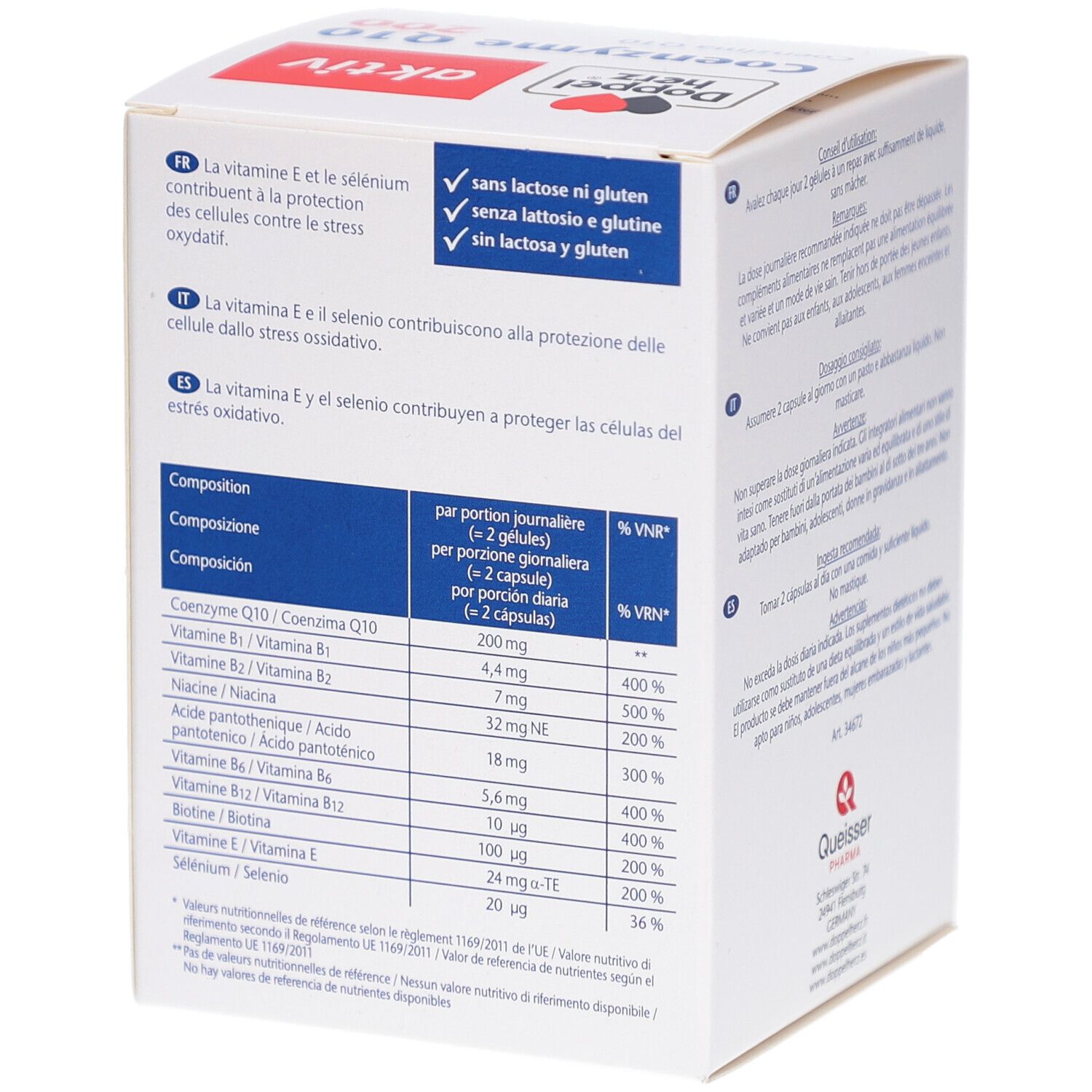 Boîte blanche avec texte rouge et noir. Contient Coenzyme Q10 200. Tableau des ingrédients. Logo Doppelherz.