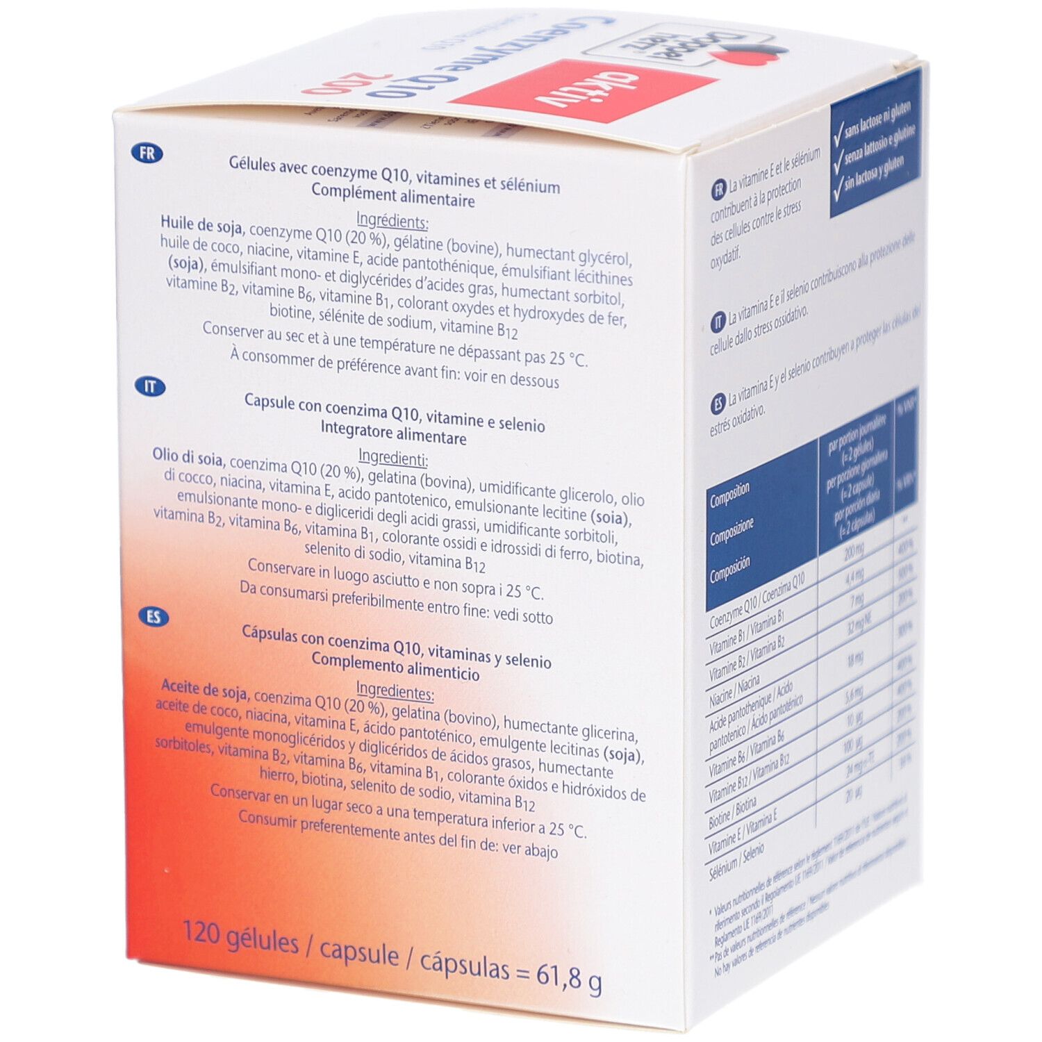 Boîte blanche avec texte rouge et noir. Contient Coenzyme Q10 200. Liste des ingrédients. Logo Doppelherz.