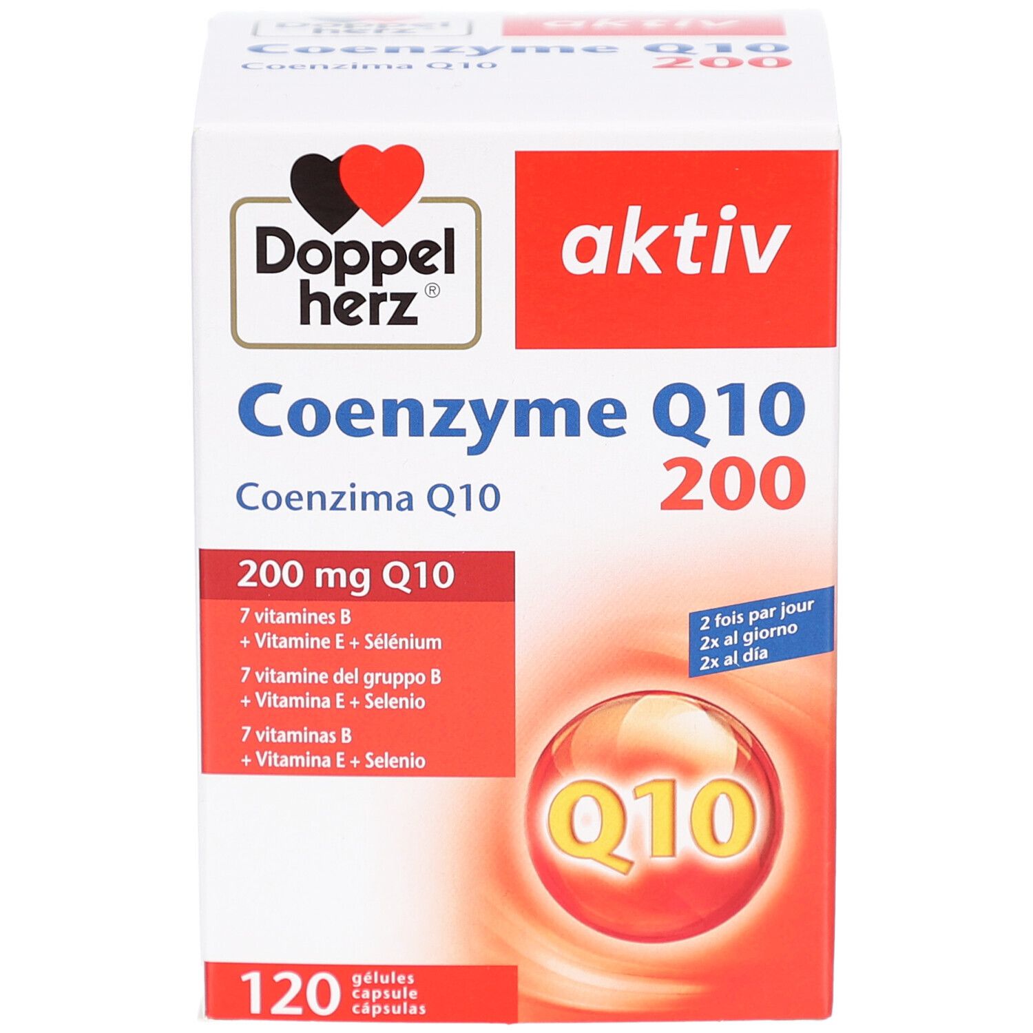 Boîte blanche avec texte rouge et noir. Contient Coenzyme Q10 200. 120 gélules. Logo Doppelherz.