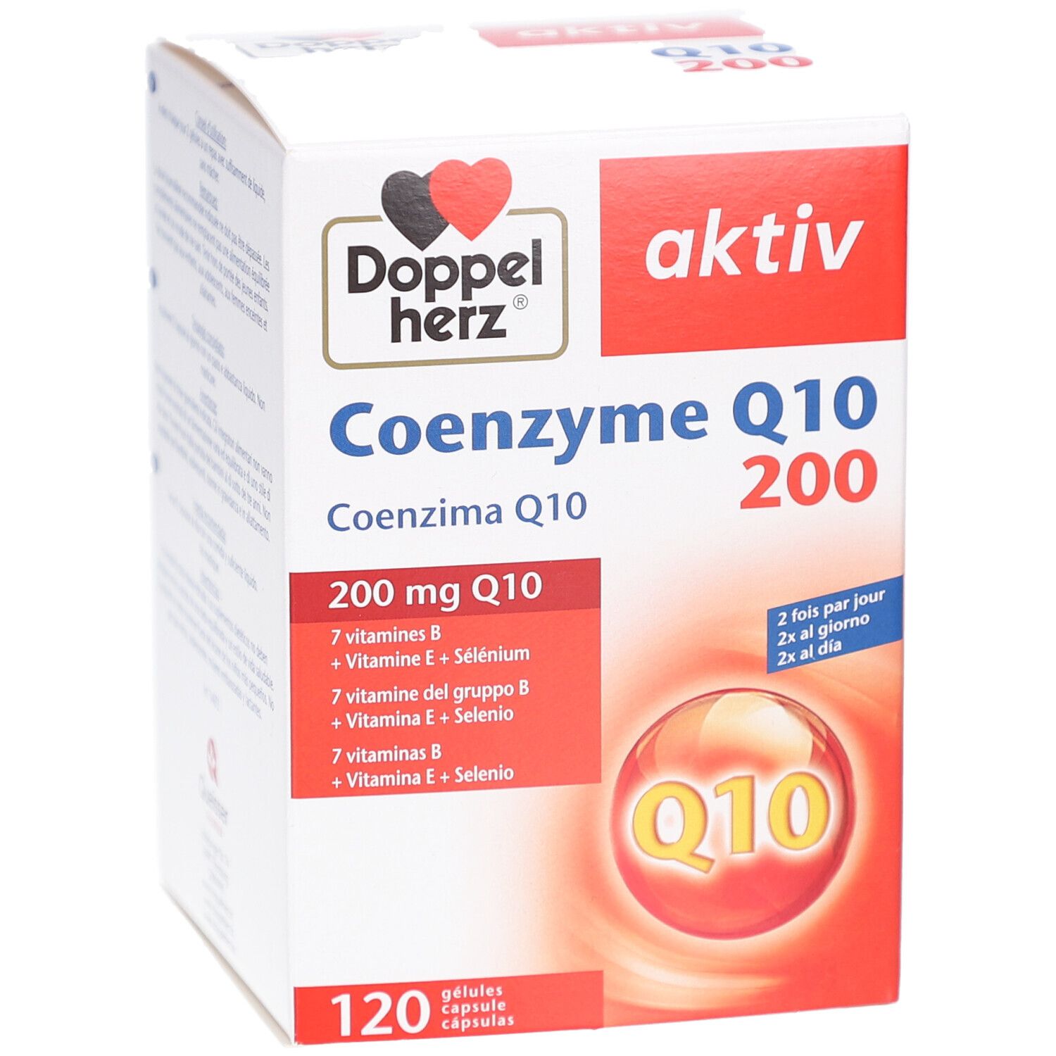 Boîte blanche avec texte rouge et noir. Contient Coenzyme Q10 200. 120 gélules. Logo Doppelherz.