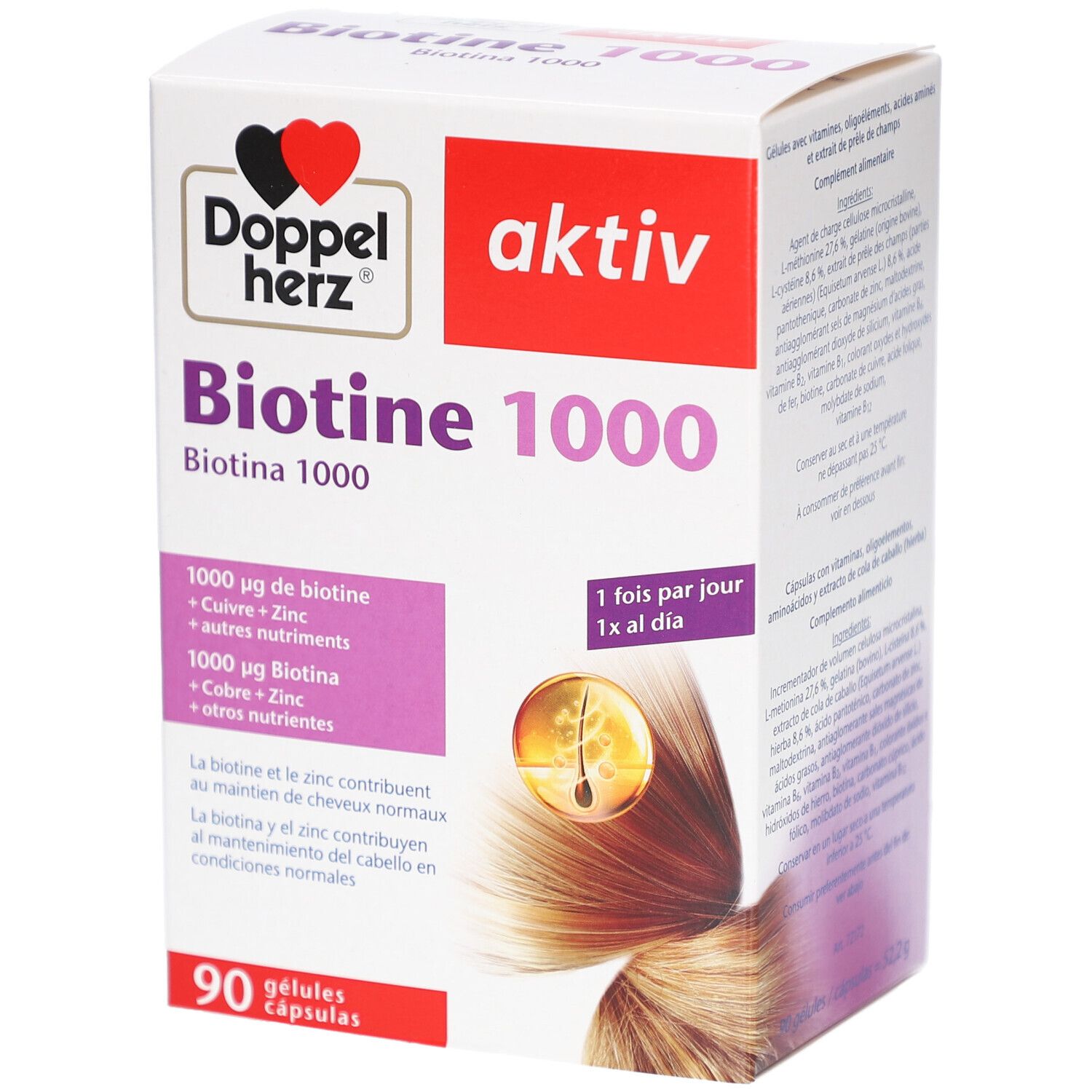Boîte blanche Biotine 1000. Logo Doppelherz. Contient 90 gélules. Inscription: 1000 µg biotine, cuivre, zinc.