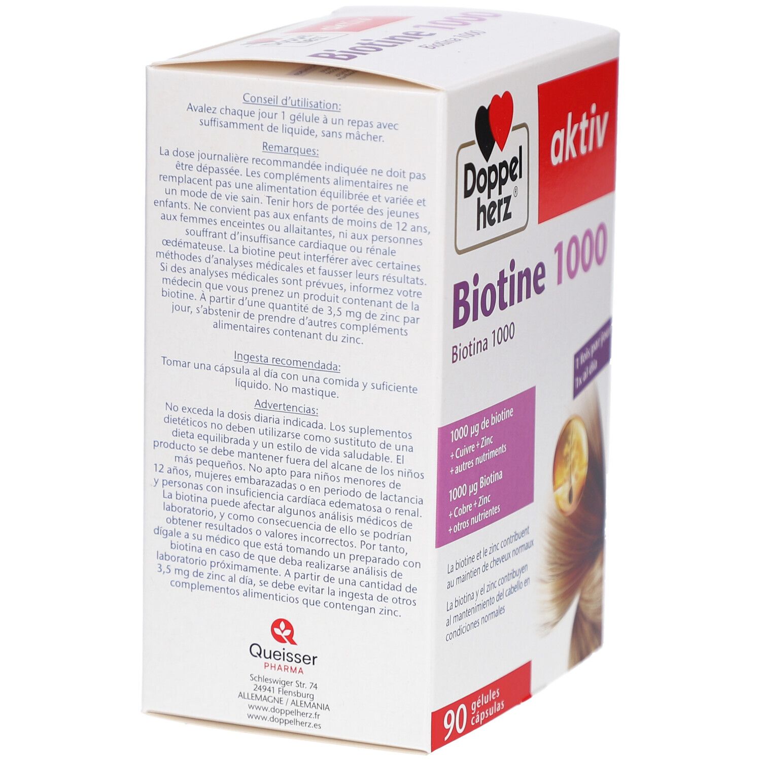 Boîte blanche avec informations produit. Logo Doppelherz. Contient 90 gélules. Texte: mode d'emploi, ingrédients, avertissements.