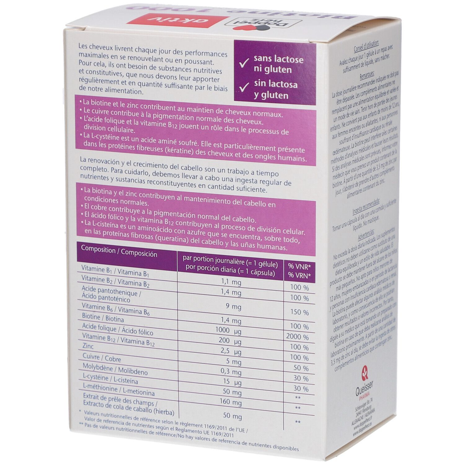 Boîte blanche avec informations produit. Texte: ingrédients, informations nutritionnelles, sans lactose, sans gluten. Logo Doppelherz.