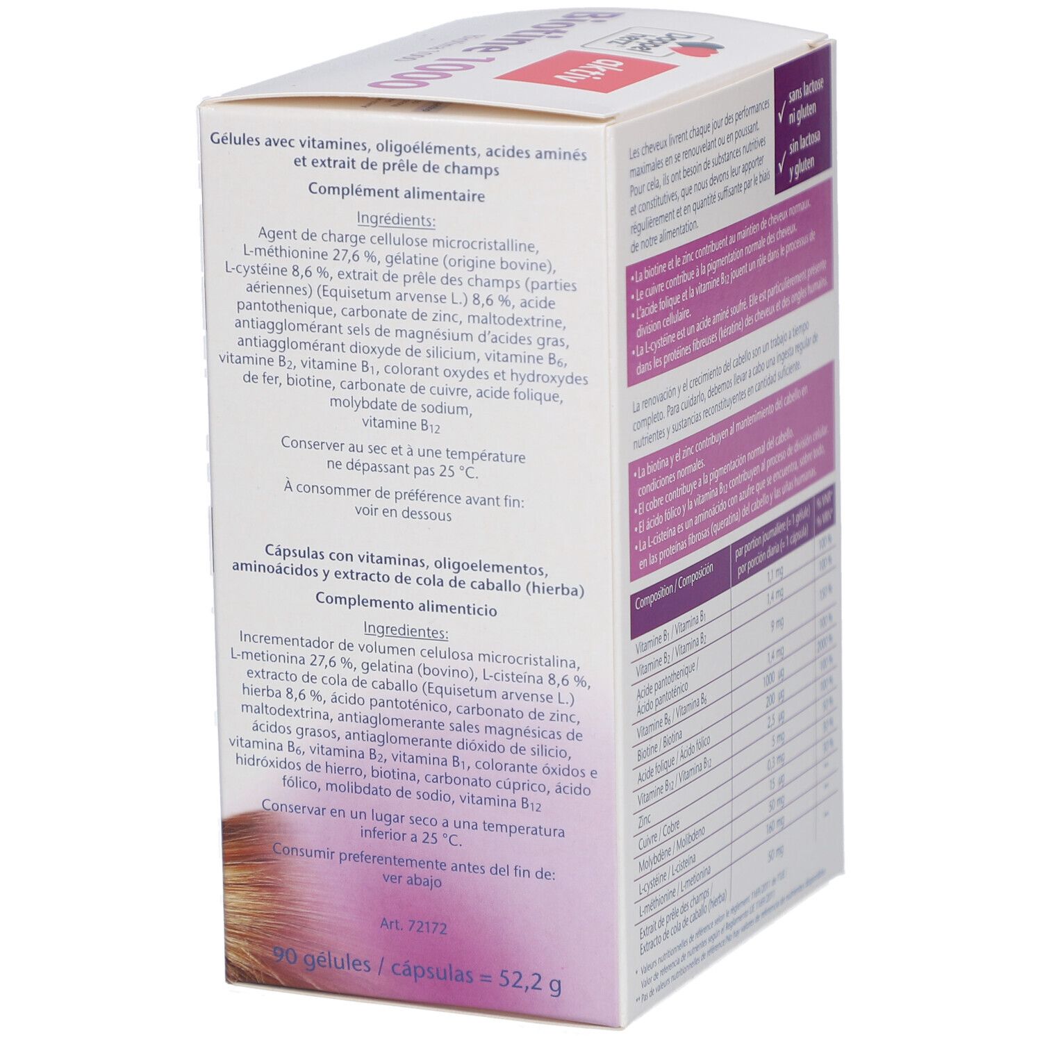 Boîte blanche avec informations produit. Texte: ingrédients, informations nutritionnelles, sans lactose, sans gluten. Logo Doppelherz.